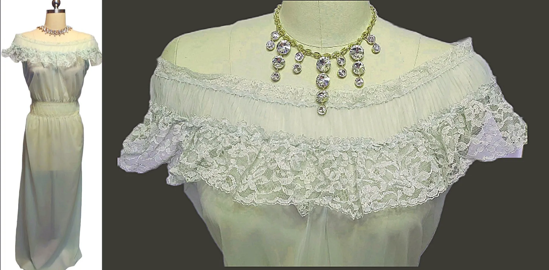 * VINTAGE 1950s / 1960S EDWARDS LINGERIE LACE & PLEATS MINT GREEN NIGHTGOWN IN NEPTUNE