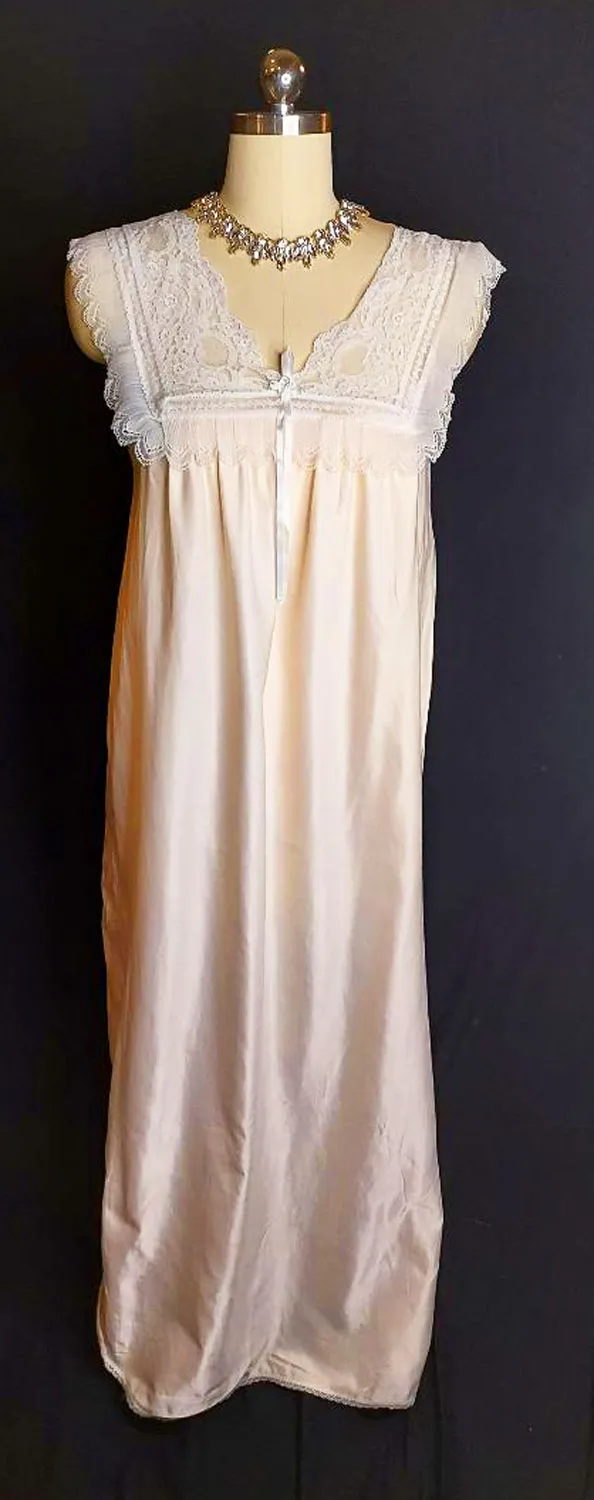 *   VINTAGE LILY OF FRANCE FLANNEL LINED SATIN, PLEATS AND LACE NIGHTGOWN IN PARIS PINK