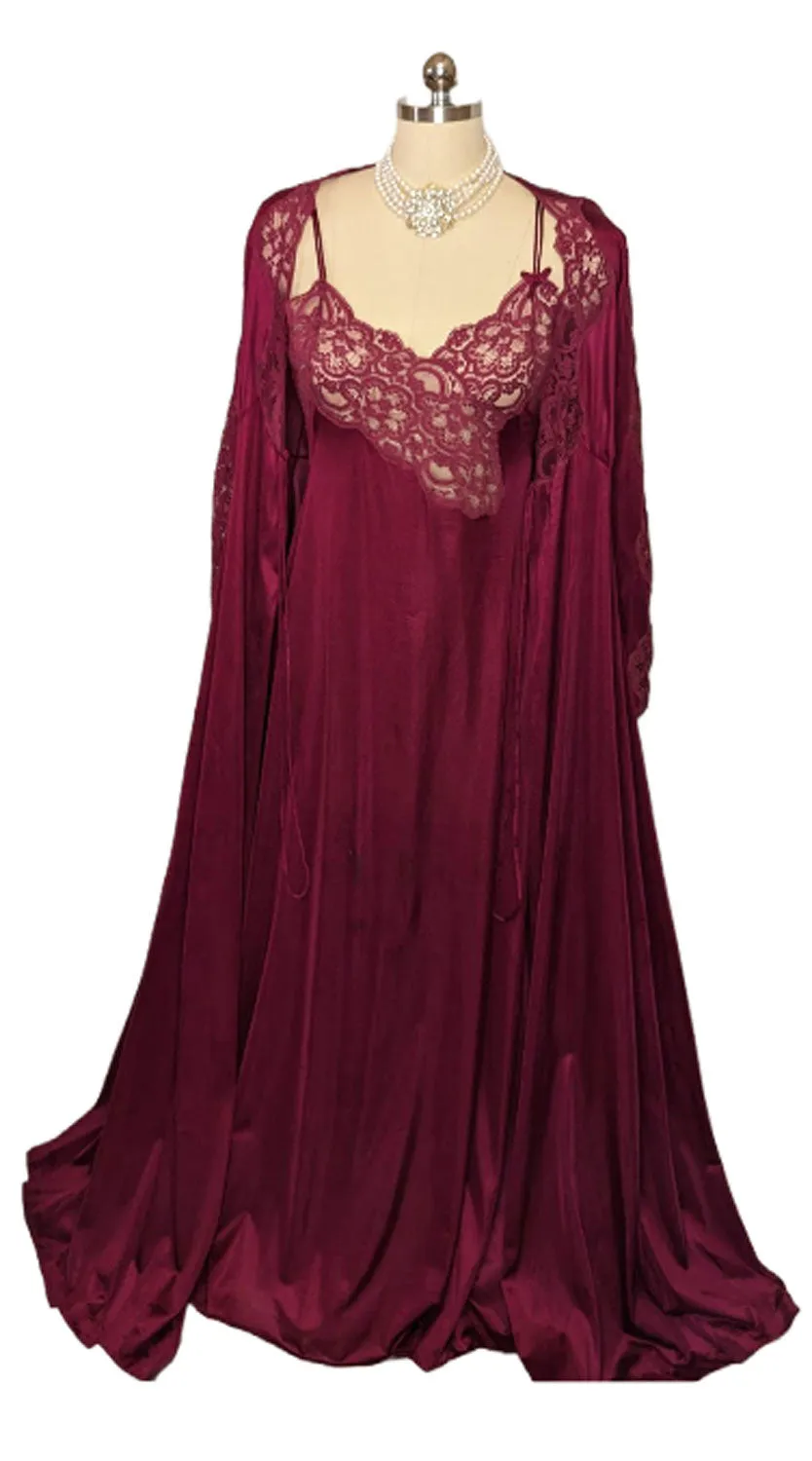 *  VINTAGE LILY OF FRANCE SLEEPWEAR LACE PEIGNOIR NIGHTGOWN SET IN ROYAL GARNET