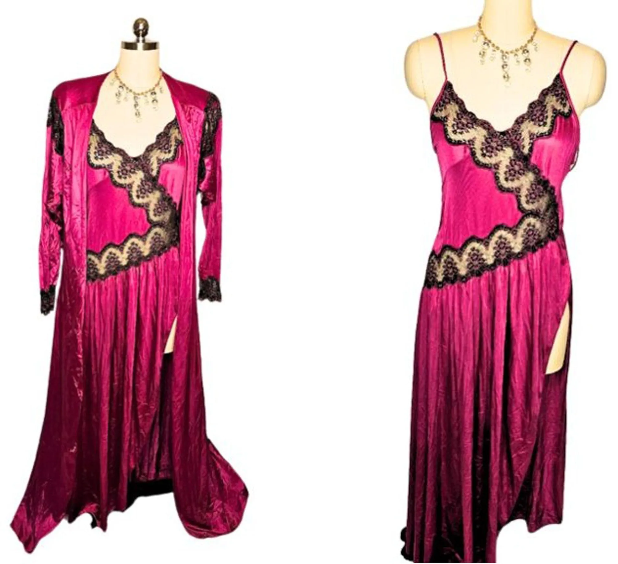 *  VINTAGE VAL MODE MAGENTA AND BLACK LACE PEIGNOIR AND GOWN SET