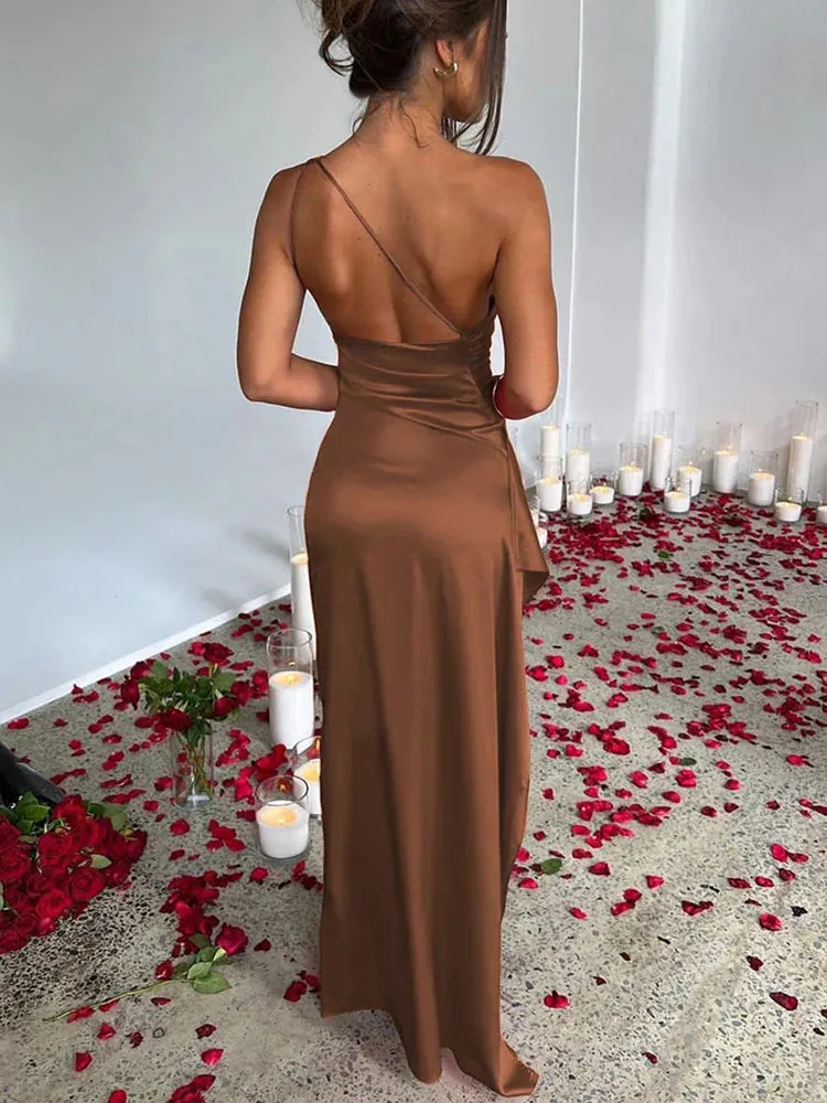 2024 Satin Oblique Shoulder Maxi Dress with Thigh High Split Cut Out Dresses