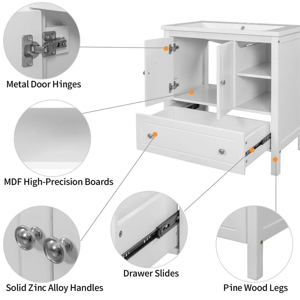 30" Freestanding Bathroom Vanity Storage Cabinet with Ceramic Sink