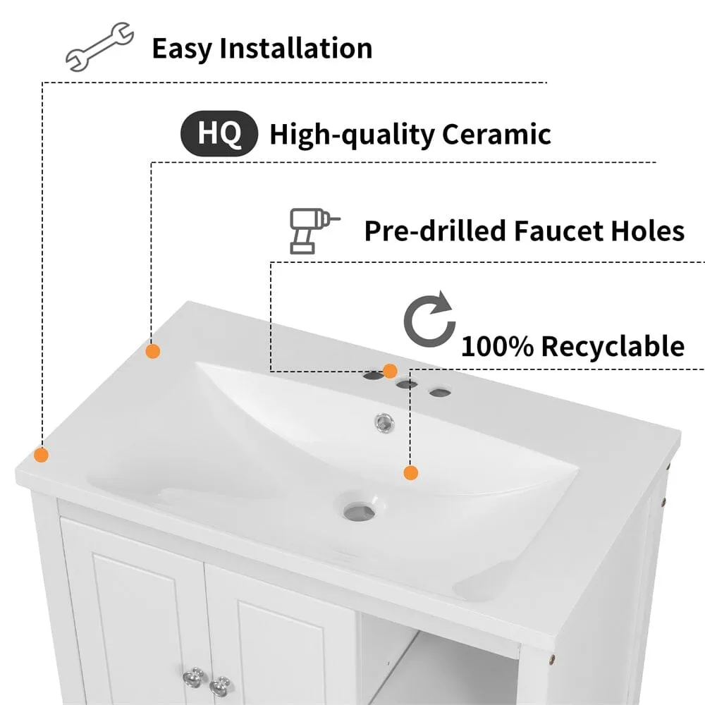 30" Freestanding Bathroom Vanity Storage Cabinet with Ceramic Sink