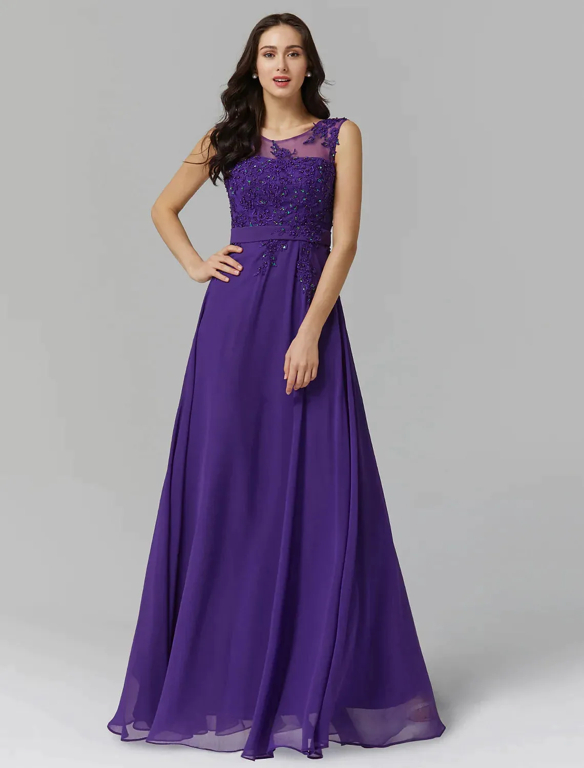 A-Line Evening Dresses Wedding Guest Floor Length Sleeveless Chiffon V Back Beading Appliques