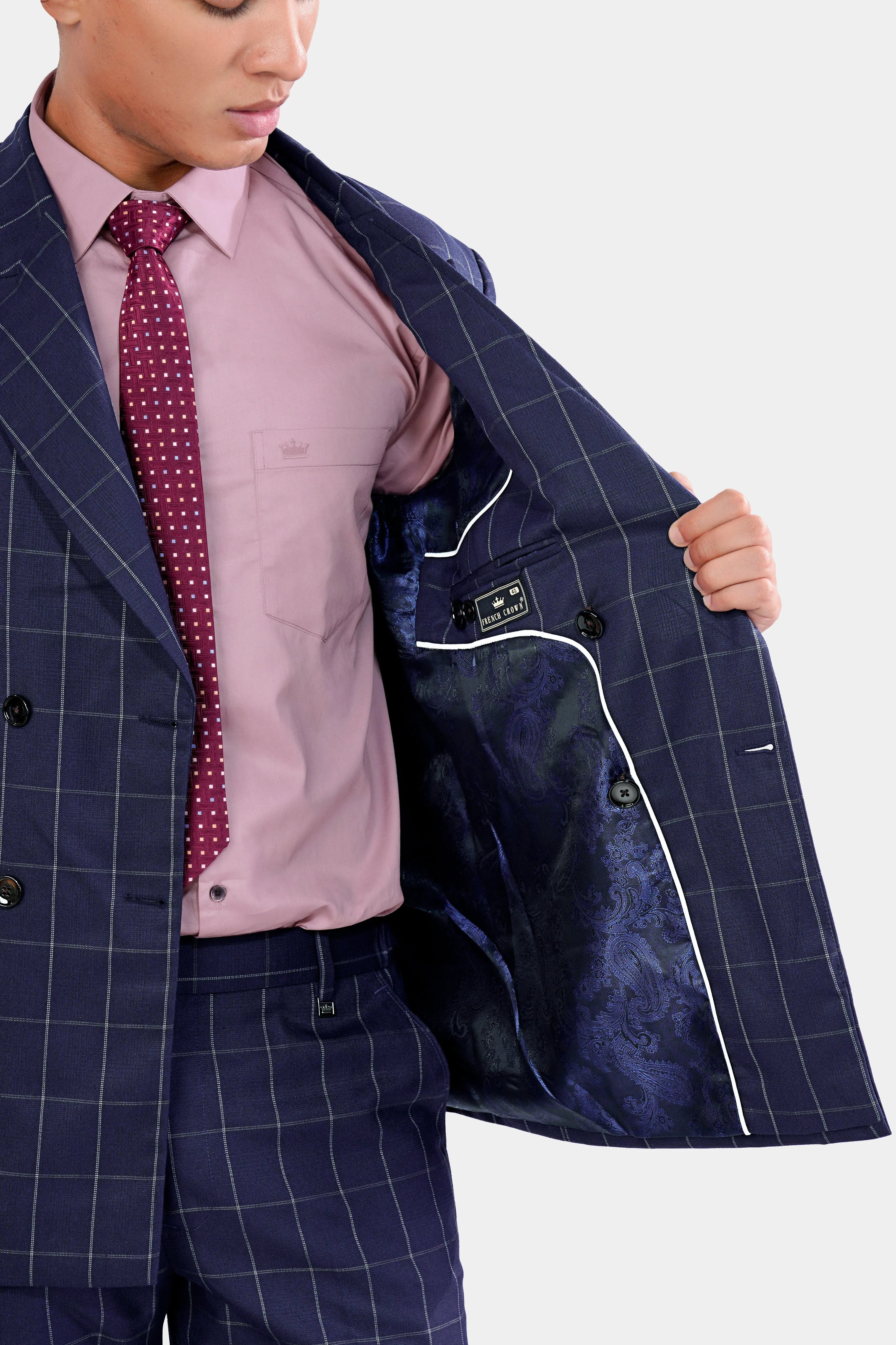 Admiral Blue Windowpane Wool Rich Double Breasted Blazer