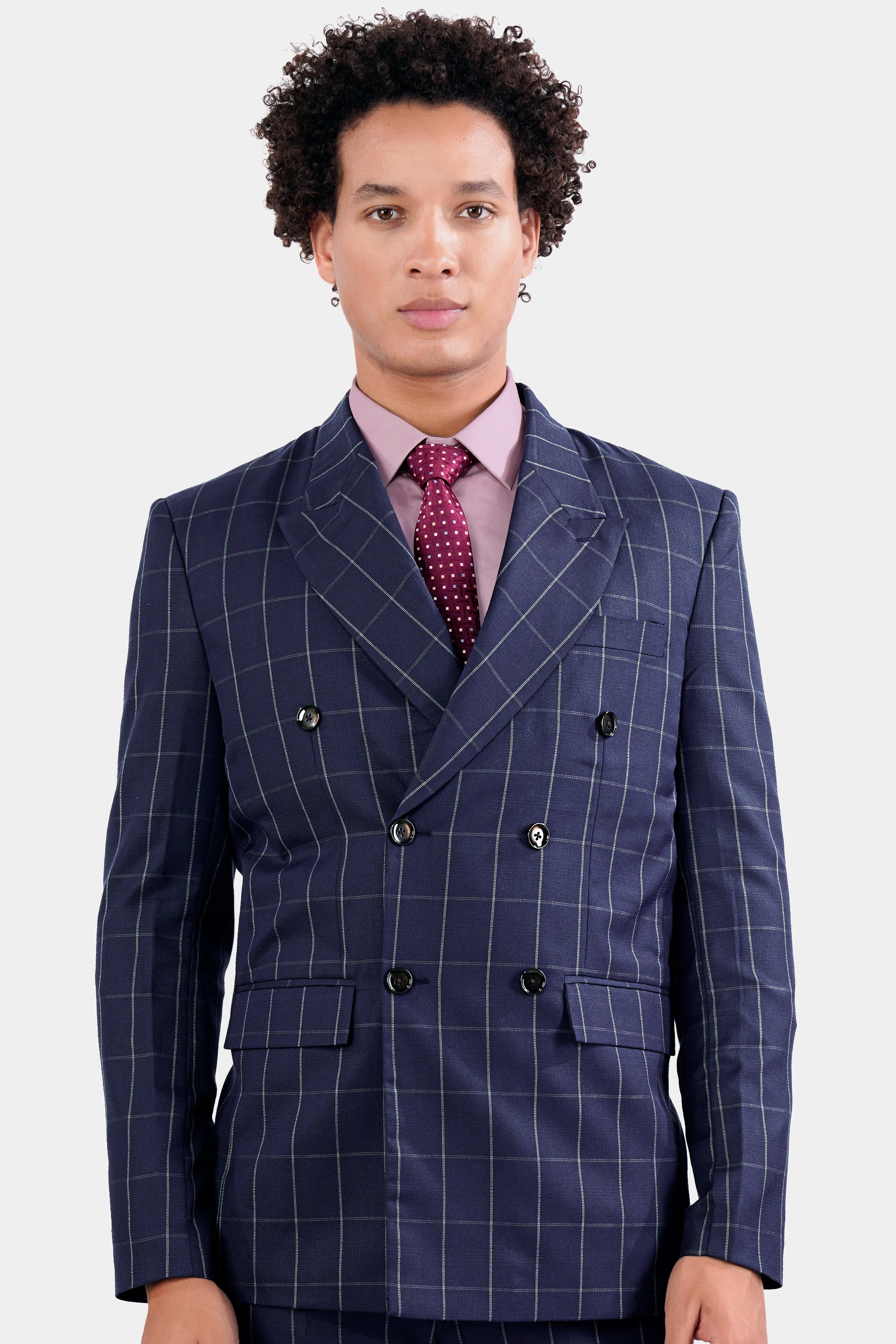 Admiral Blue Windowpane Wool Rich Double Breasted Blazer