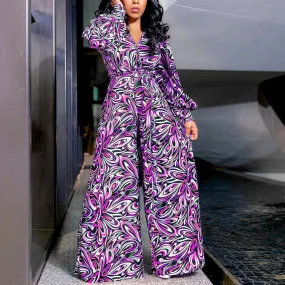 All Over Print Long Sleeve V Neck Wide Leg Jumpsuit Wholesale Plus Size Womens Clothing