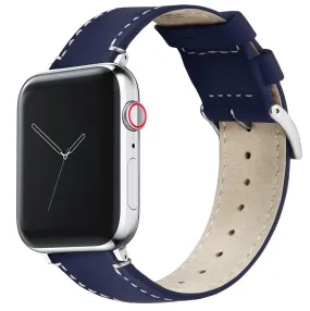 Apple Watch Navy Blue Leather Linen White Stitching Watch Band