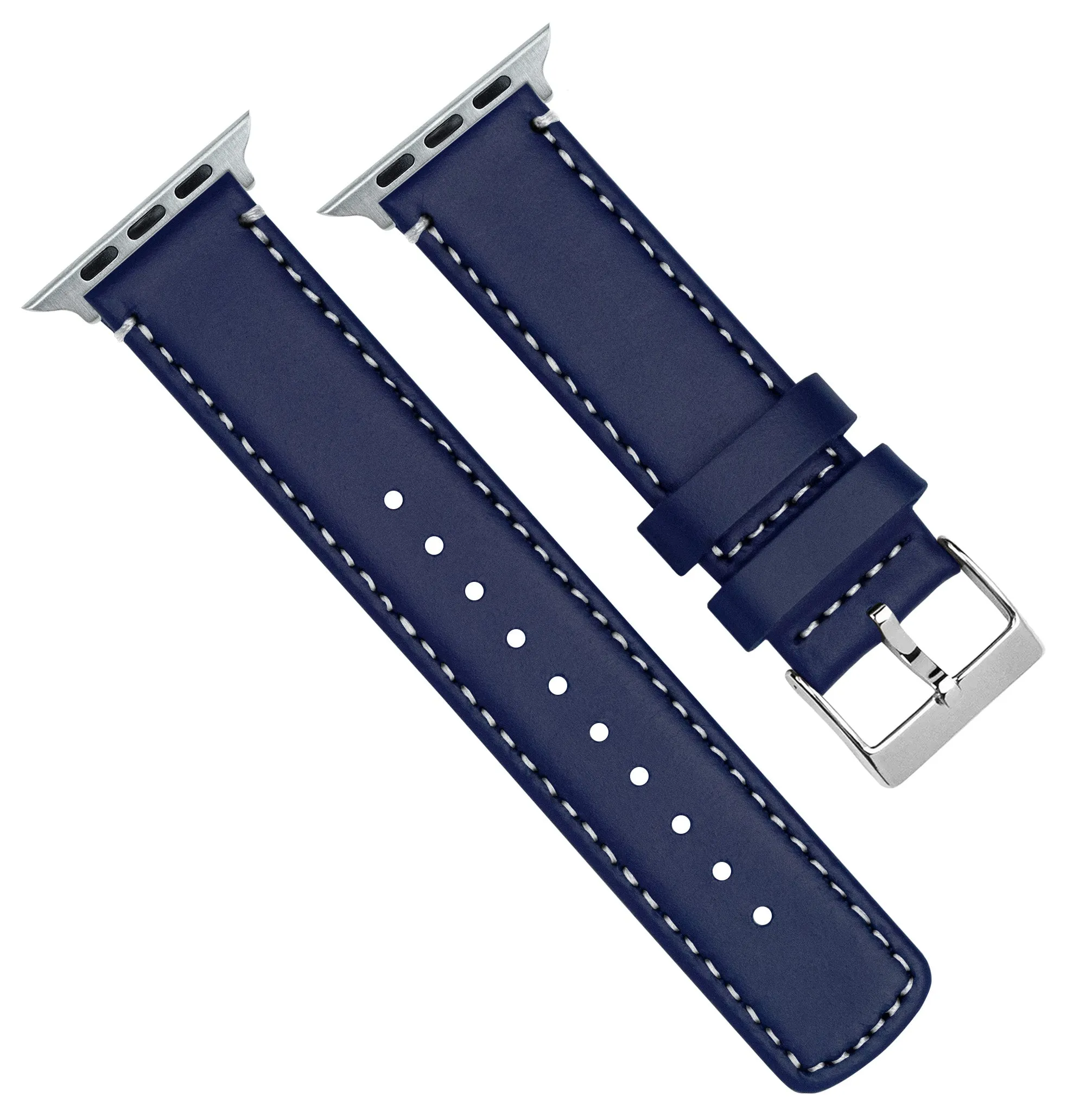 Apple Watch Navy Blue Leather Linen White Stitching Watch Band