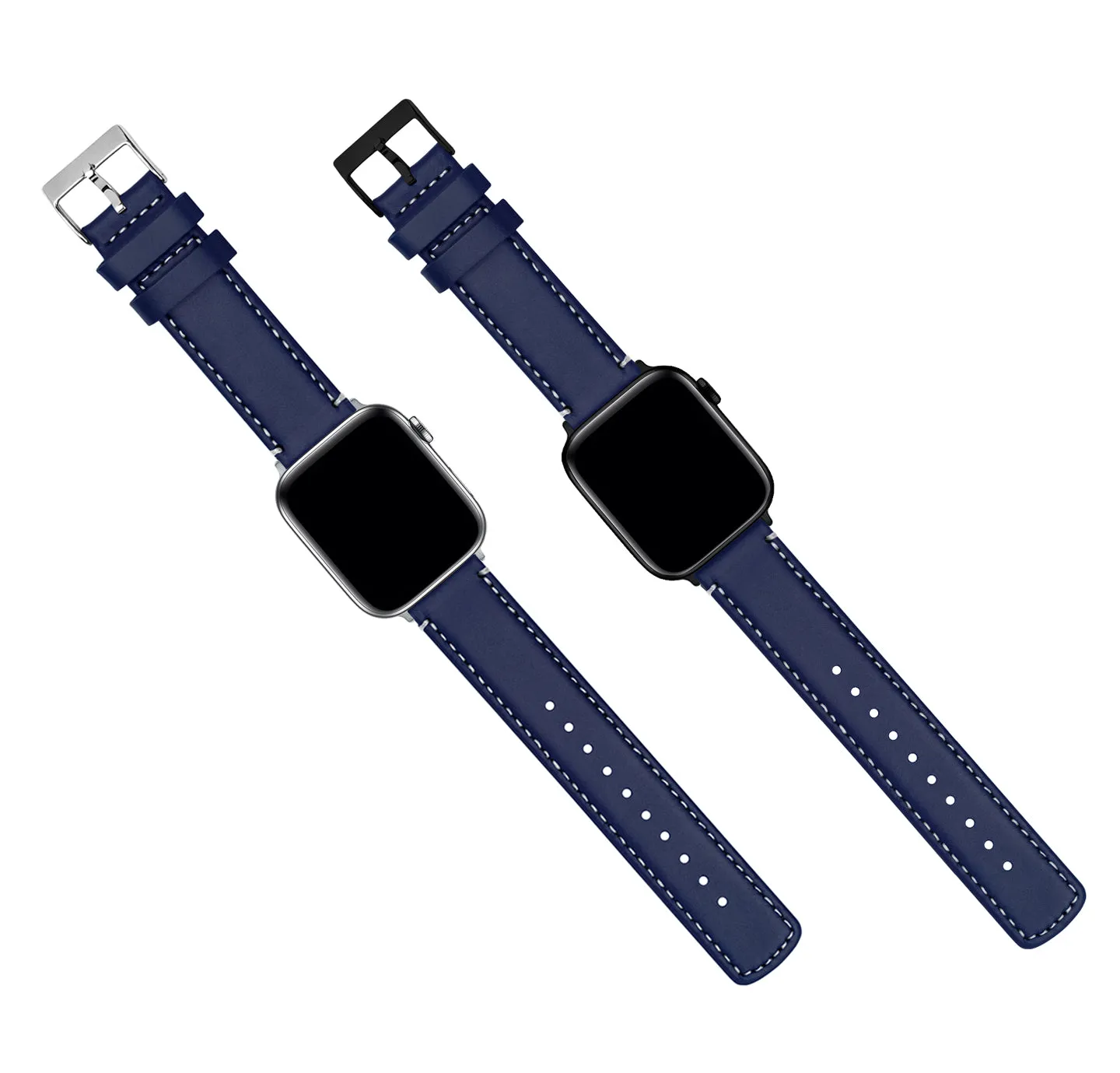 Apple Watch Navy Blue Leather Linen White Stitching Watch Band