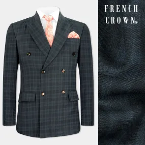 Baltic Sea Blue with Tuna Navy Blue Checkered Wool Rich Double Breasted Blazer