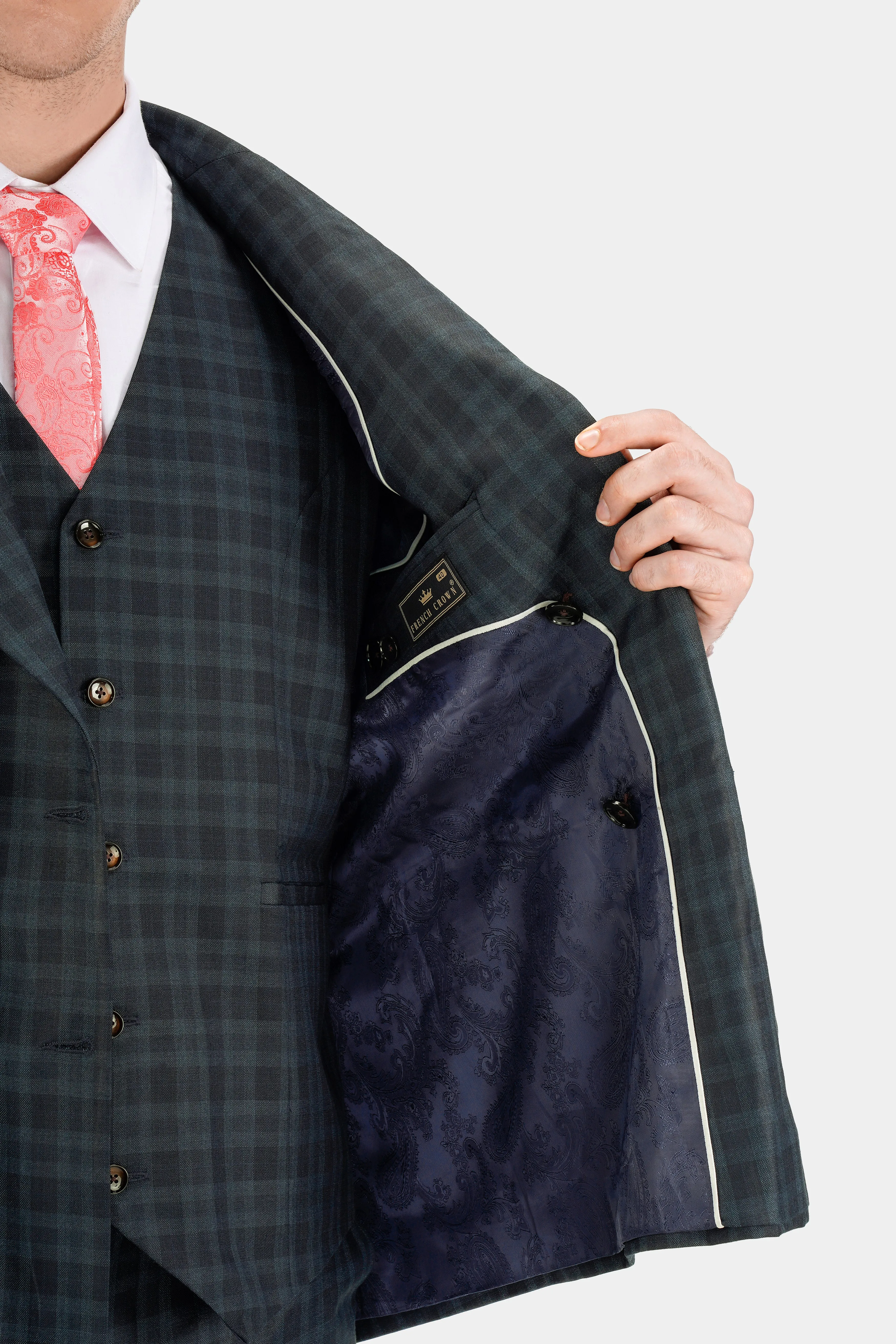 Baltic Sea Blue with Tuna Navy Blue Checkered Wool Rich Double Breasted Blazer