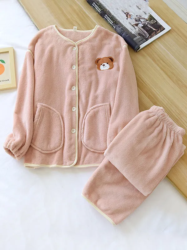 Bear Embroidery Flannel Pajama Set