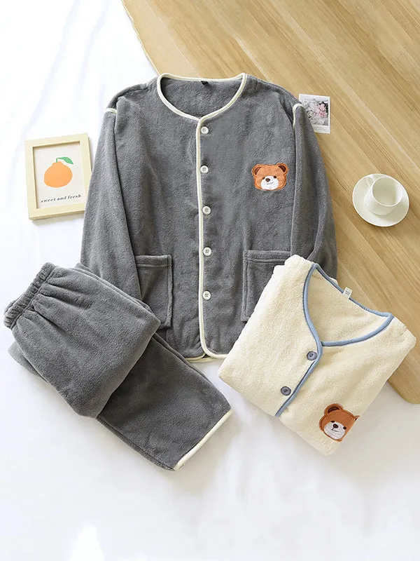 Bear Embroidery Flannel Pajama Set