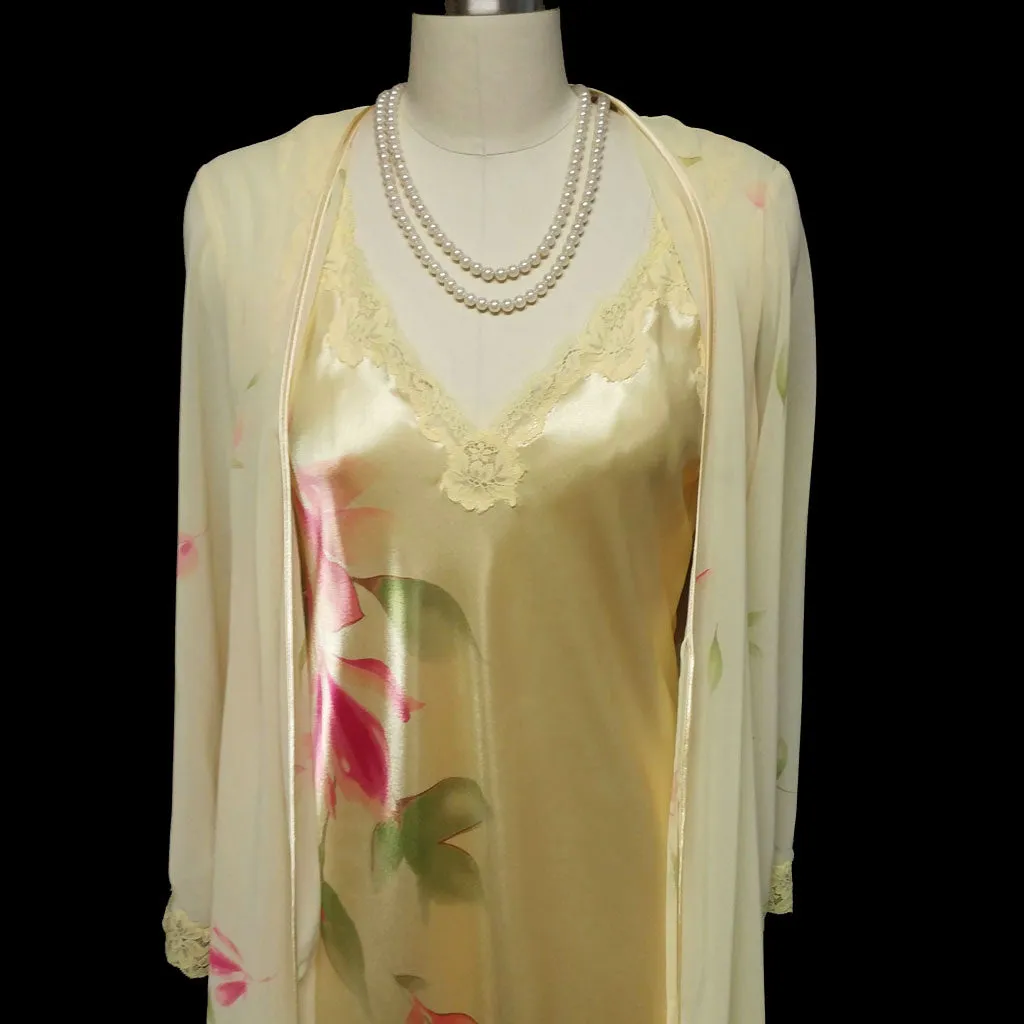 *BEAUTIFUL BIAS CUT VALERIE STEVENS SHEER CHIFFON & SATIN PEIGNOIR & NIGHTGOWN SET IN LEMON BUTTER COOKIE