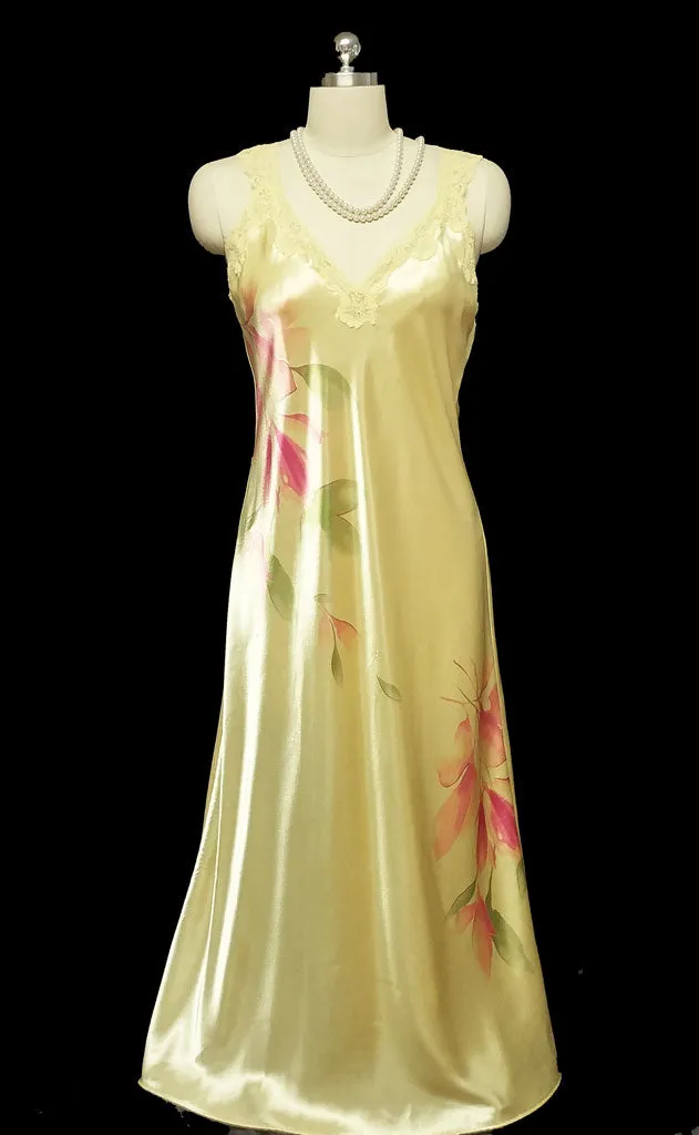 *BEAUTIFUL BIAS CUT VALERIE STEVENS SHEER CHIFFON & SATIN PEIGNOIR & NIGHTGOWN SET IN LEMON BUTTER COOKIE