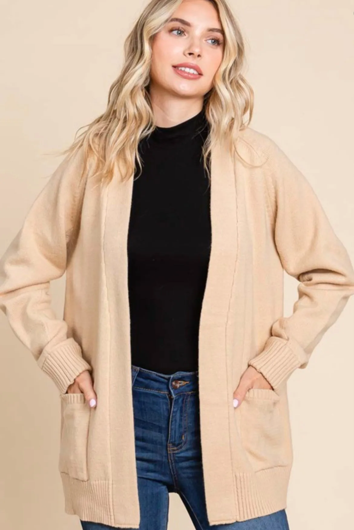 Beige solid open front cardigan