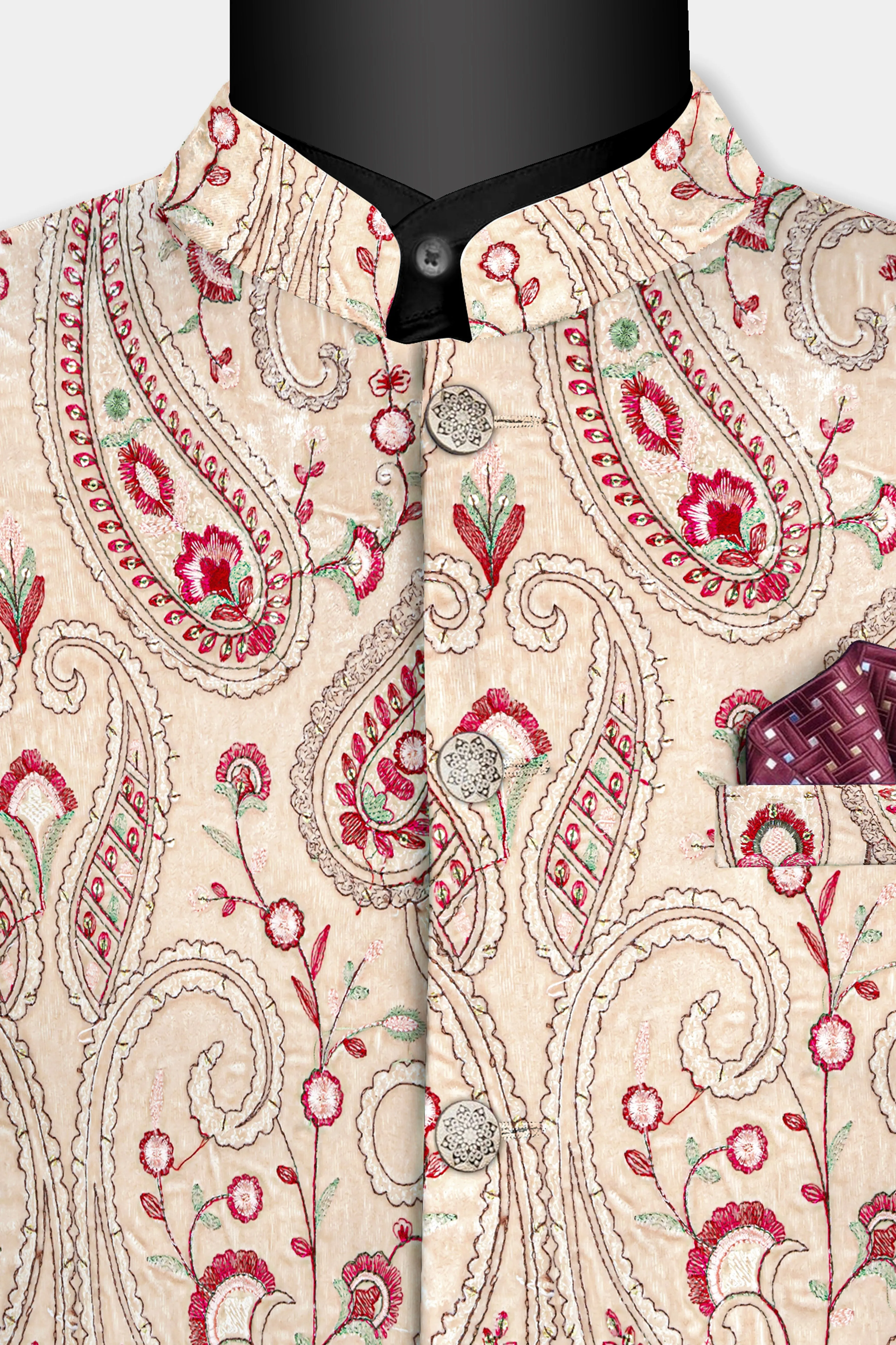 Bisque Brown and Cardinal Pink Floral Thread Embroidered Bandhgala Jodhpuri