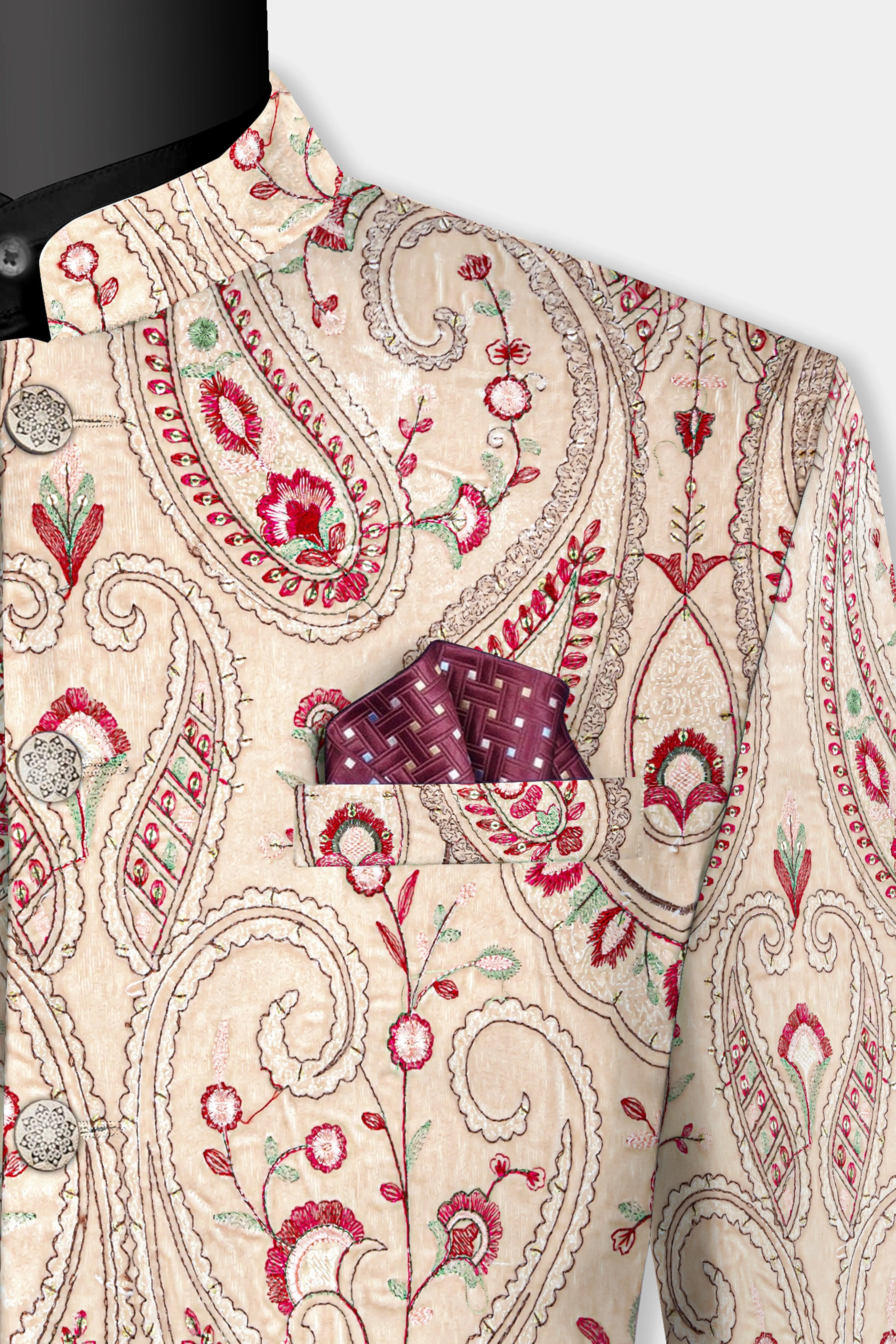 Bisque Brown and Cardinal Pink Floral Thread Embroidered Bandhgala Jodhpuri