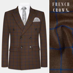 Bistre Brown with Catalina Blue Windowpane Double Breasted Tweed Blazer