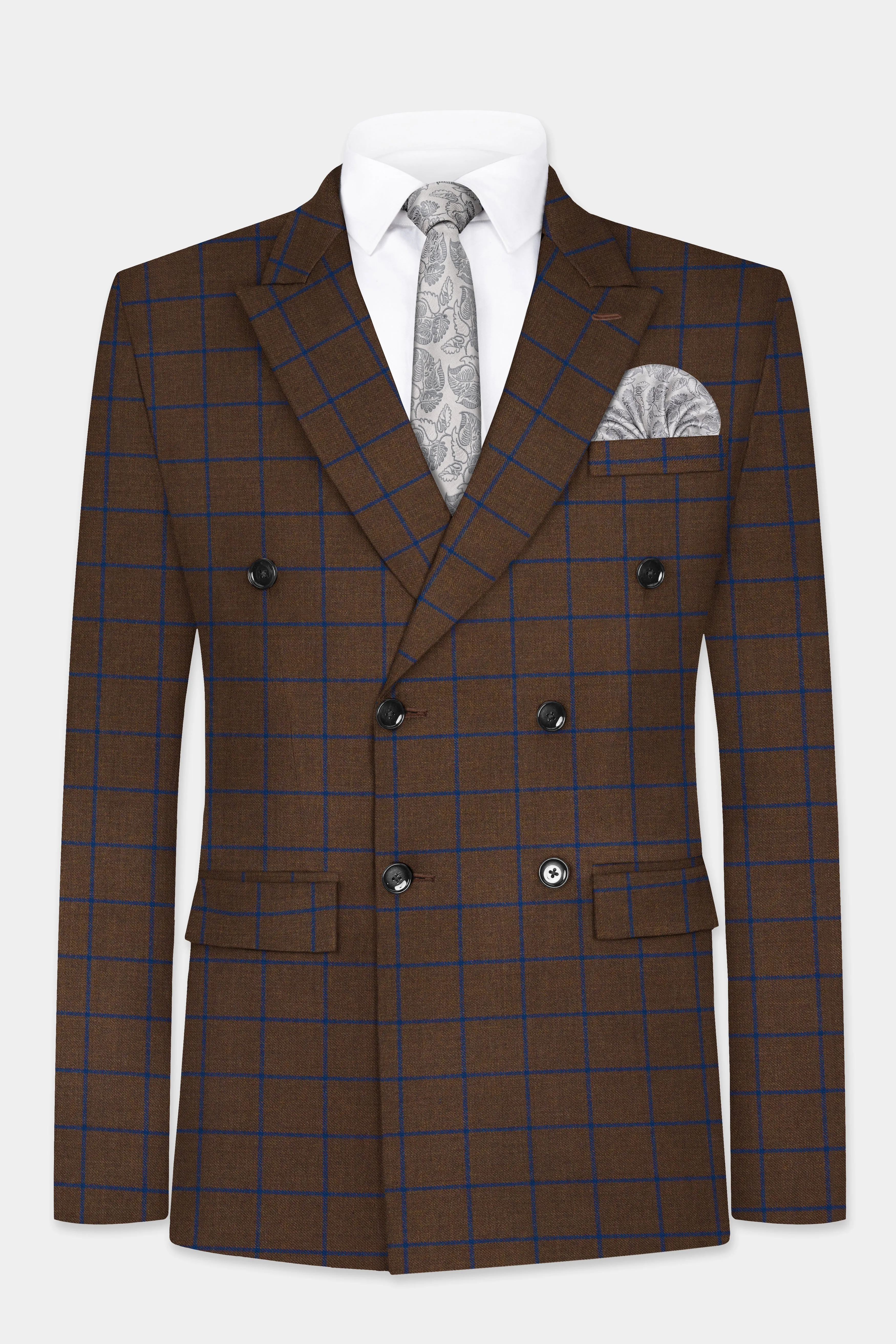 Bistre Brown with Catalina Blue Windowpane Double Breasted Tweed Blazer