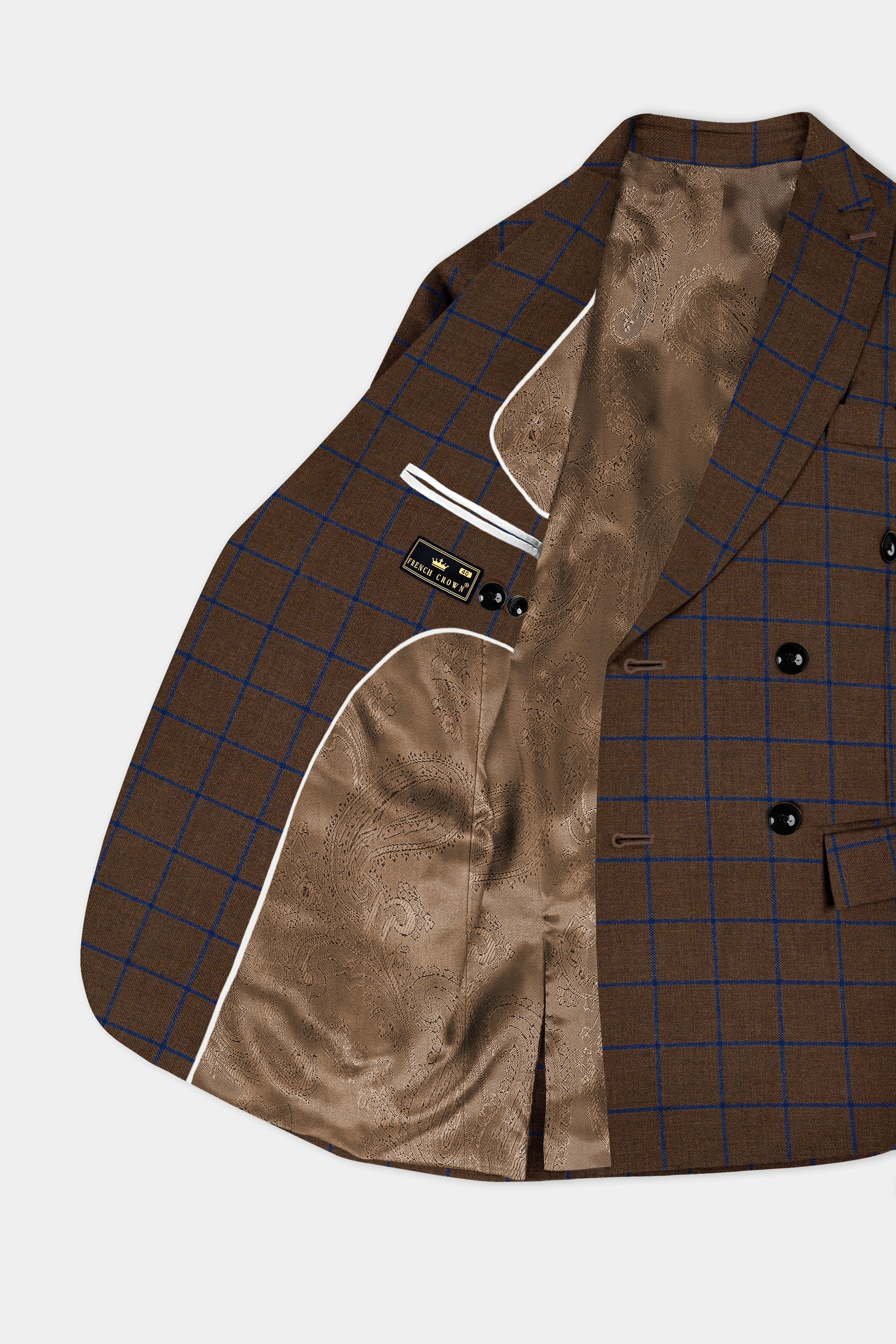 Bistre Brown with Catalina Blue Windowpane Double Breasted Tweed Blazer