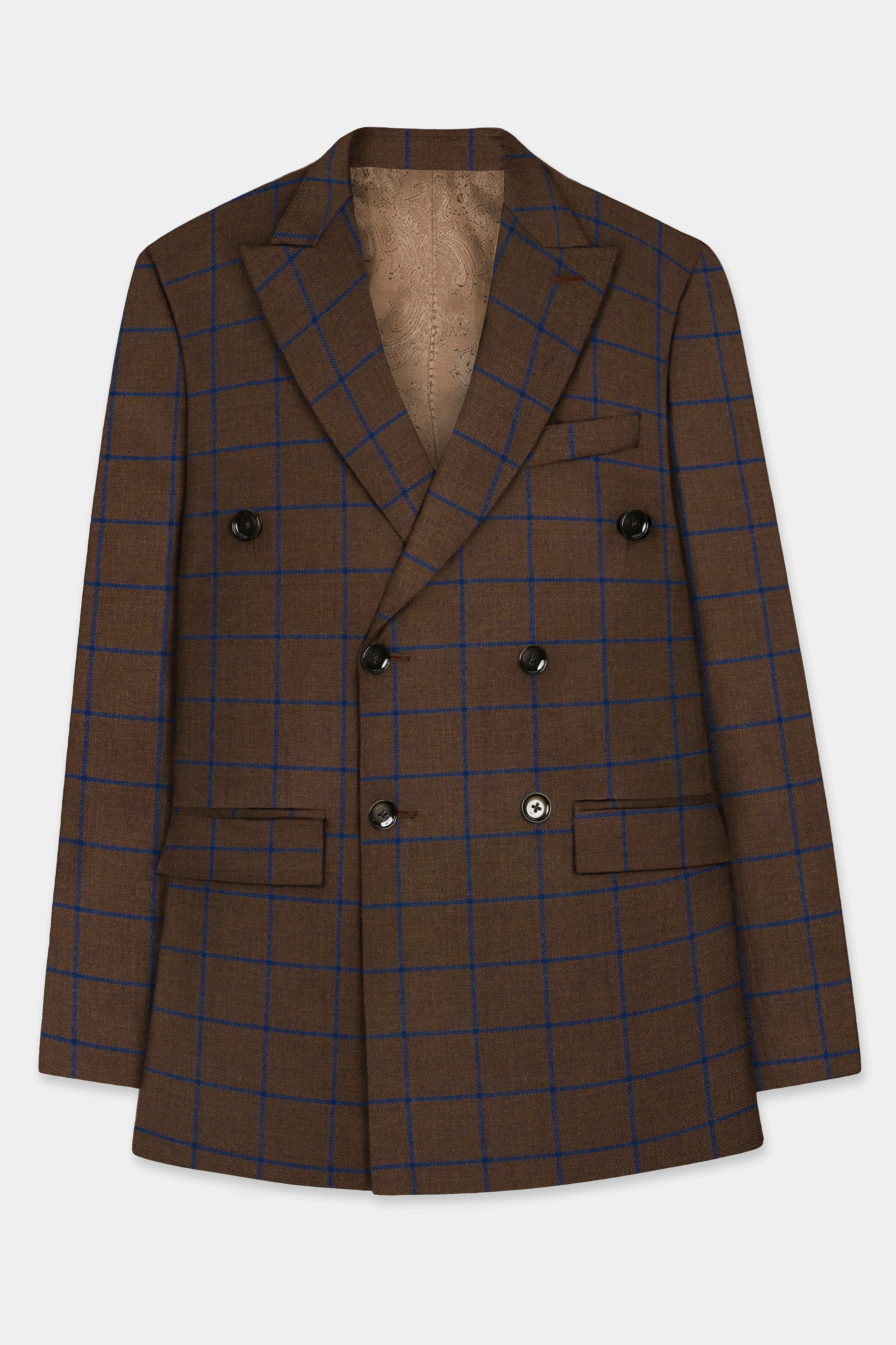 Bistre Brown with Catalina Blue Windowpane Double Breasted Tweed Blazer