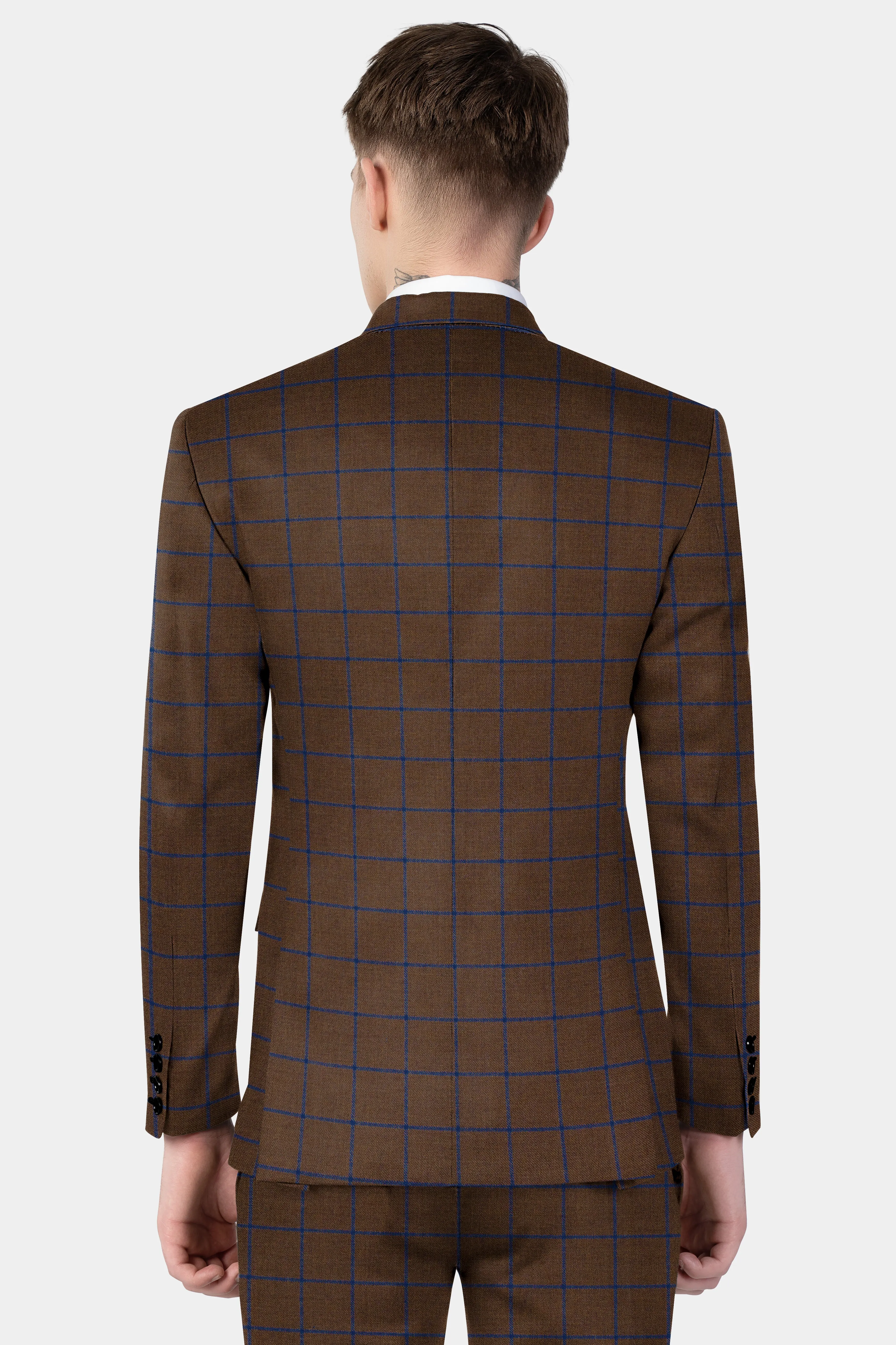 Bistre Brown with Catalina Blue Windowpane Double Breasted Tweed Blazer