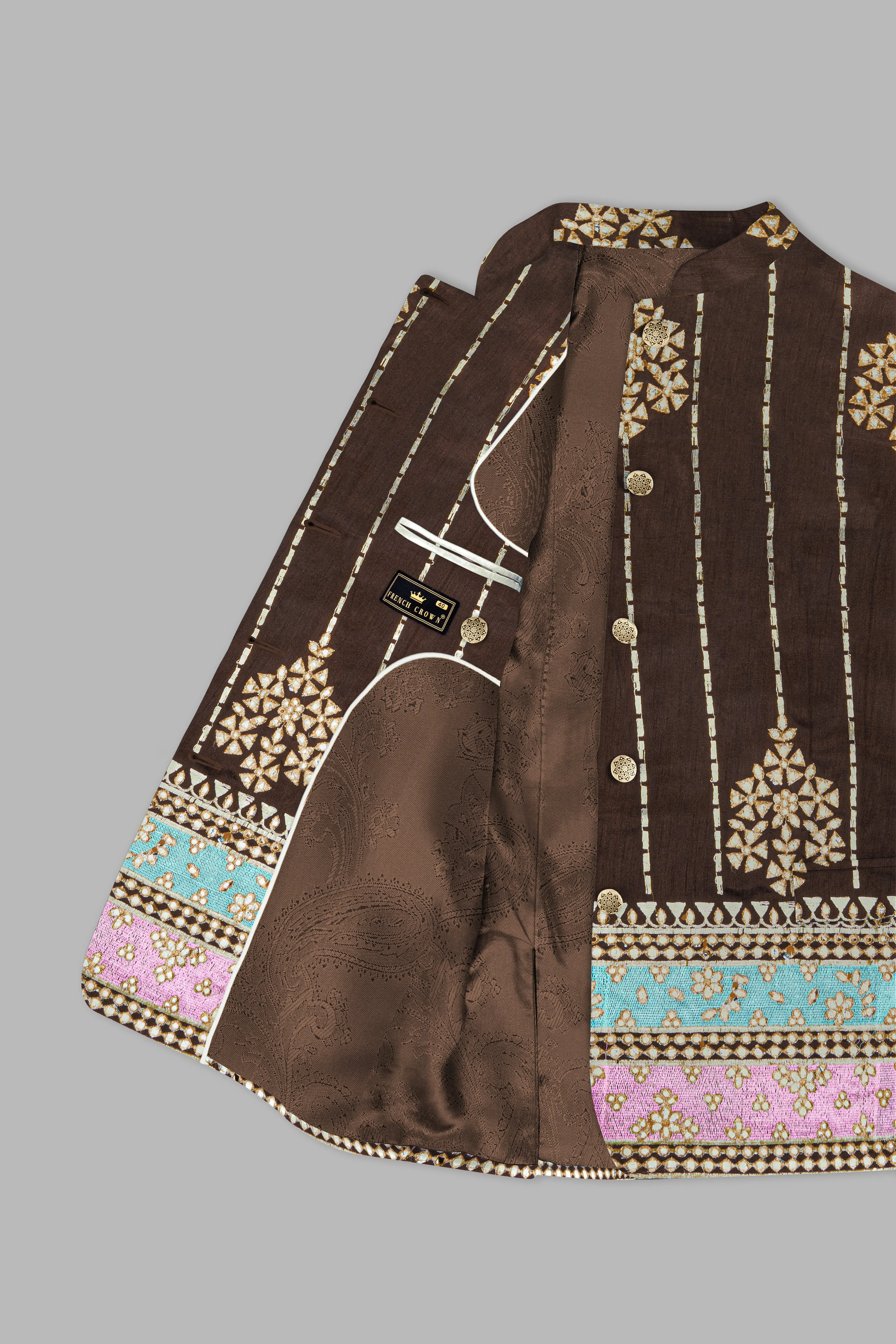 Bistre Brown With Downy Blue and pink Rajputi Embroidered Bandhgala Jodhpuri