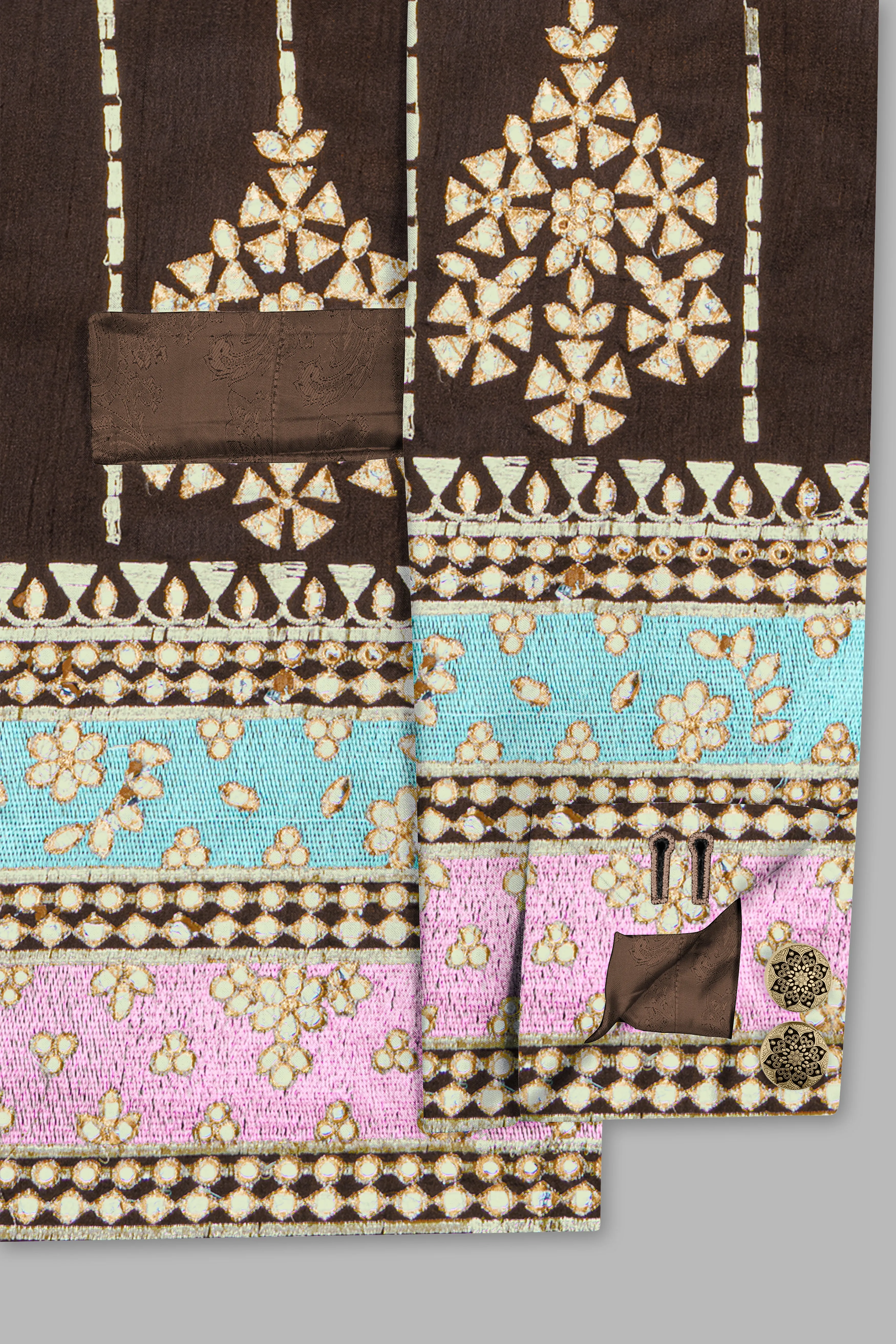 Bistre Brown With Downy Blue and pink Rajputi Embroidered Bandhgala Jodhpuri