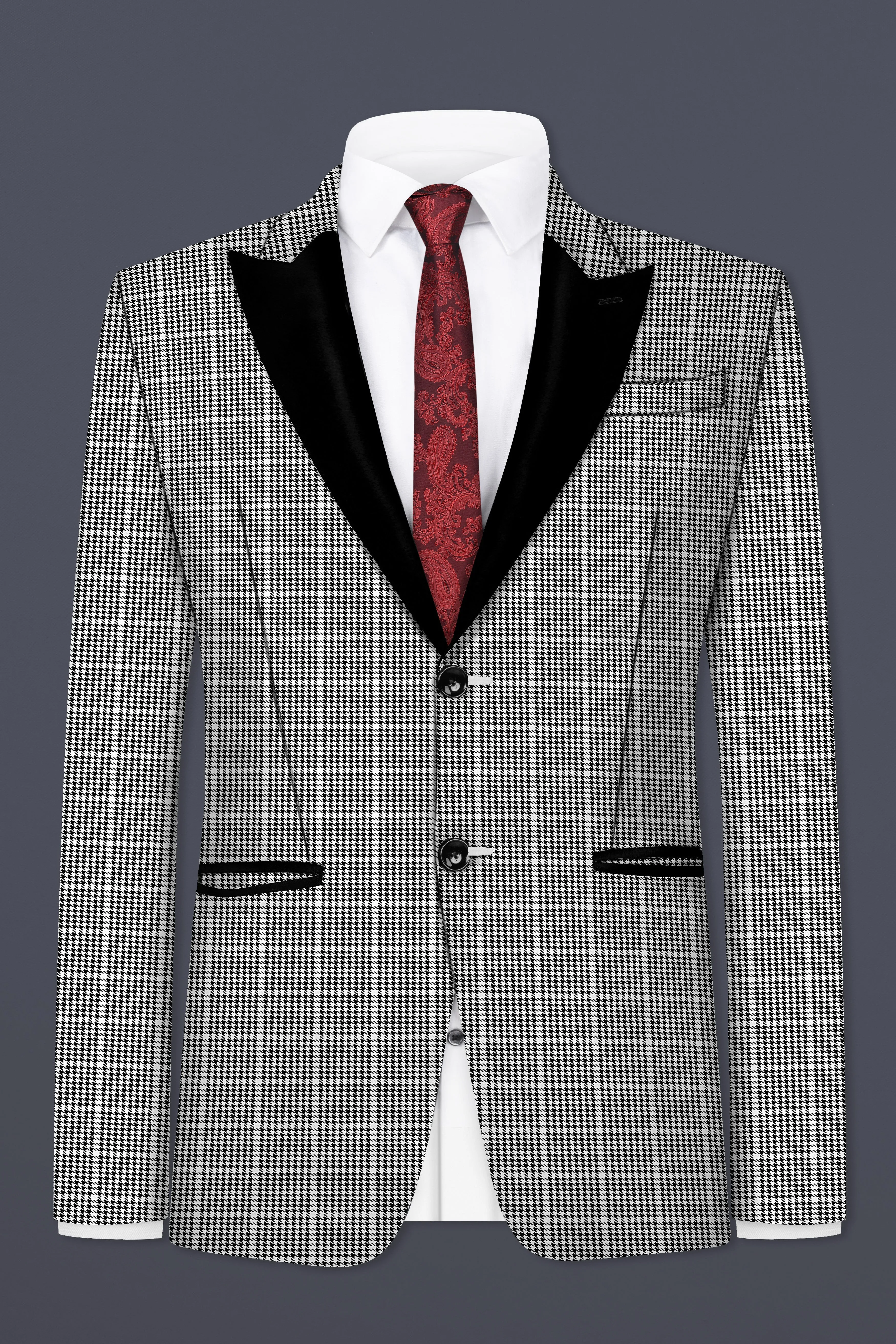 Black and White Houndstooth Windowpane Wool Rich Peak Collar Tuxedo Blazer