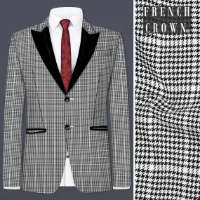 Black and White Houndstooth Windowpane Wool Rich Peak Collar Tuxedo Blazer