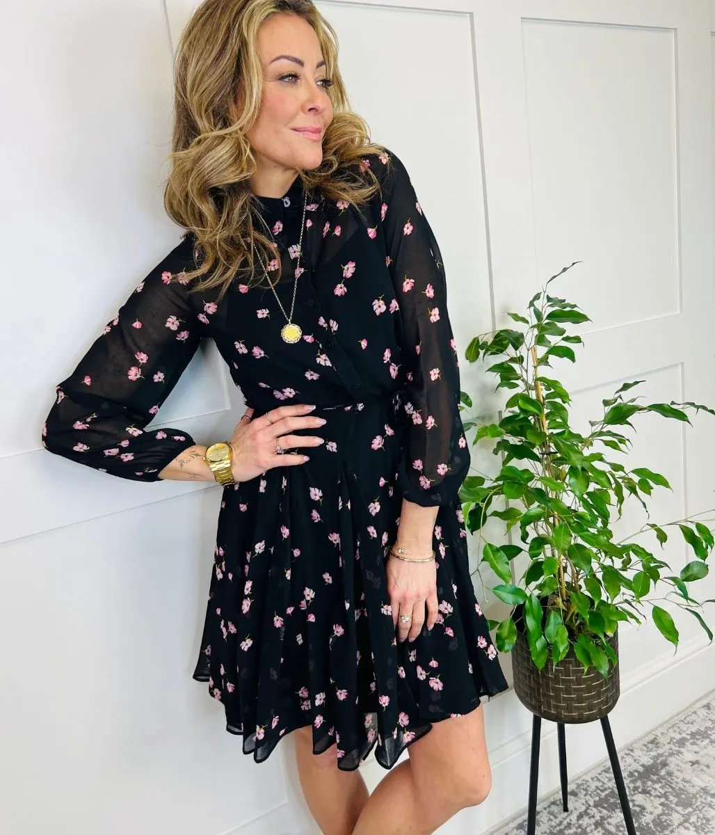 Black Flower Print Chiffon Shirt Dress