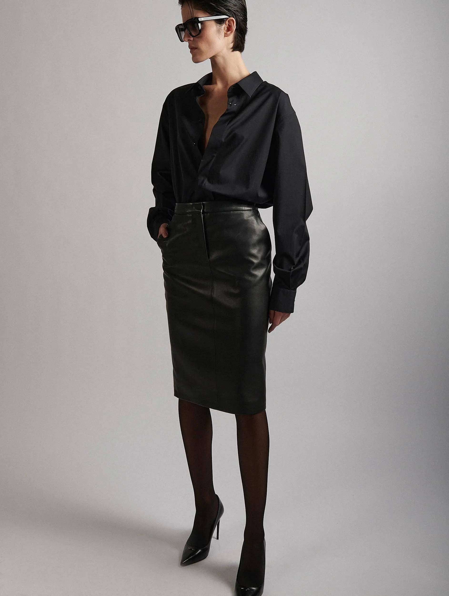 Black leather pencil skirt