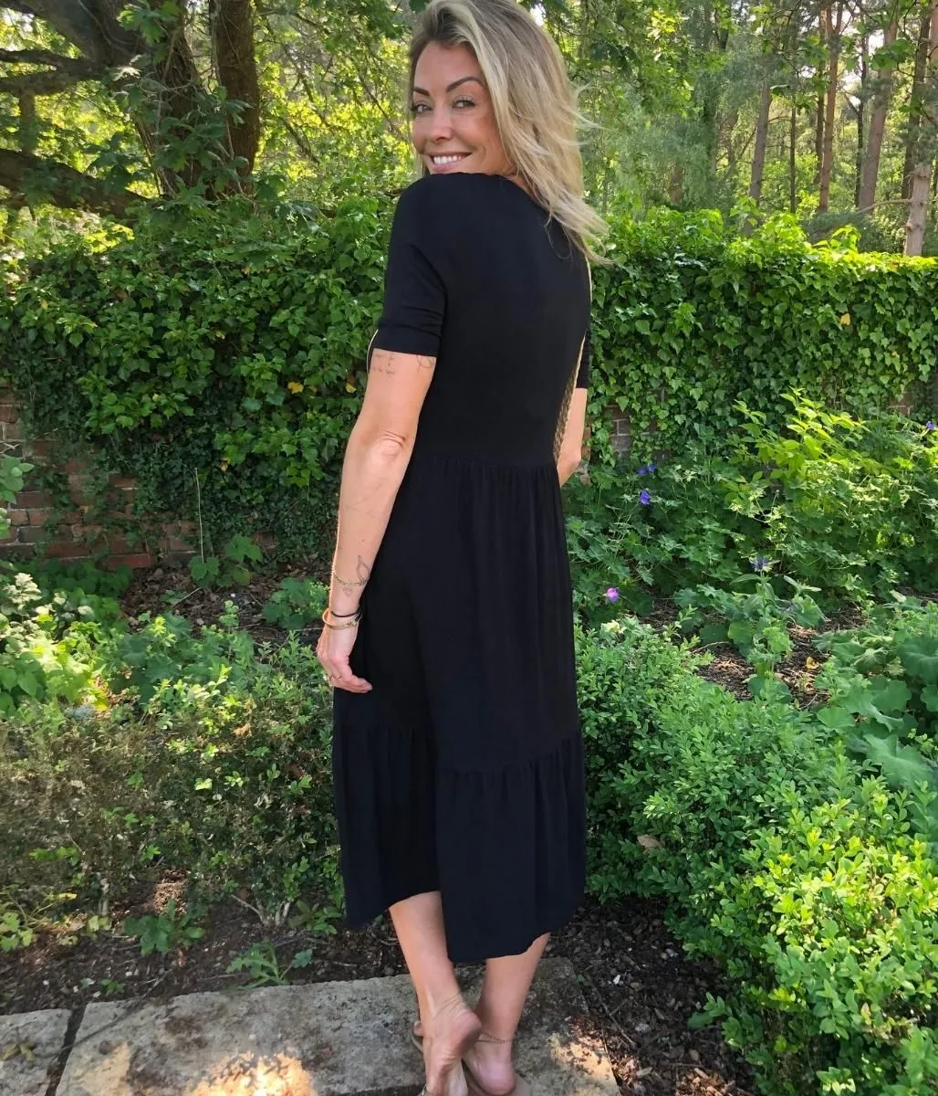 Black Tiered Jersey Midi Dress