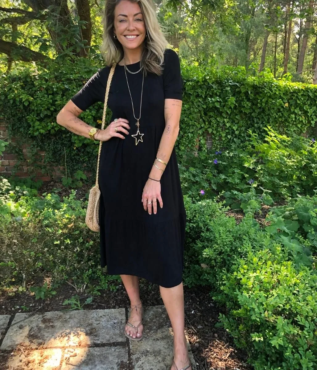 Black Tiered Jersey Midi Dress