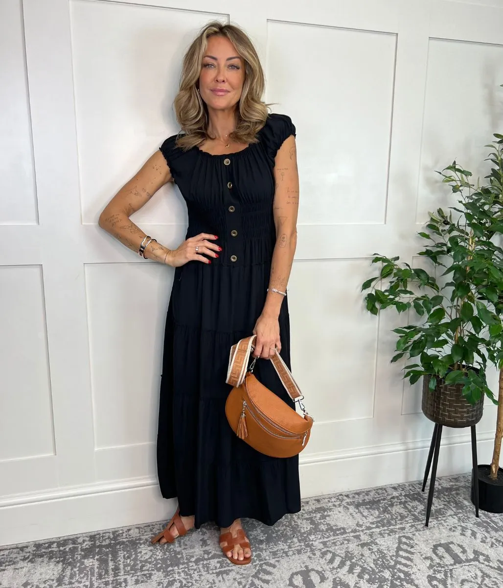 Black Tiered Shirred Midi Dress