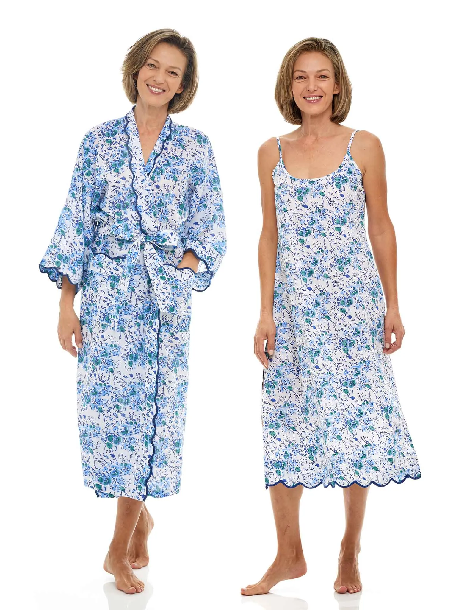 Blue Floral Bundle: Kimono Robe and Slip Nightgown