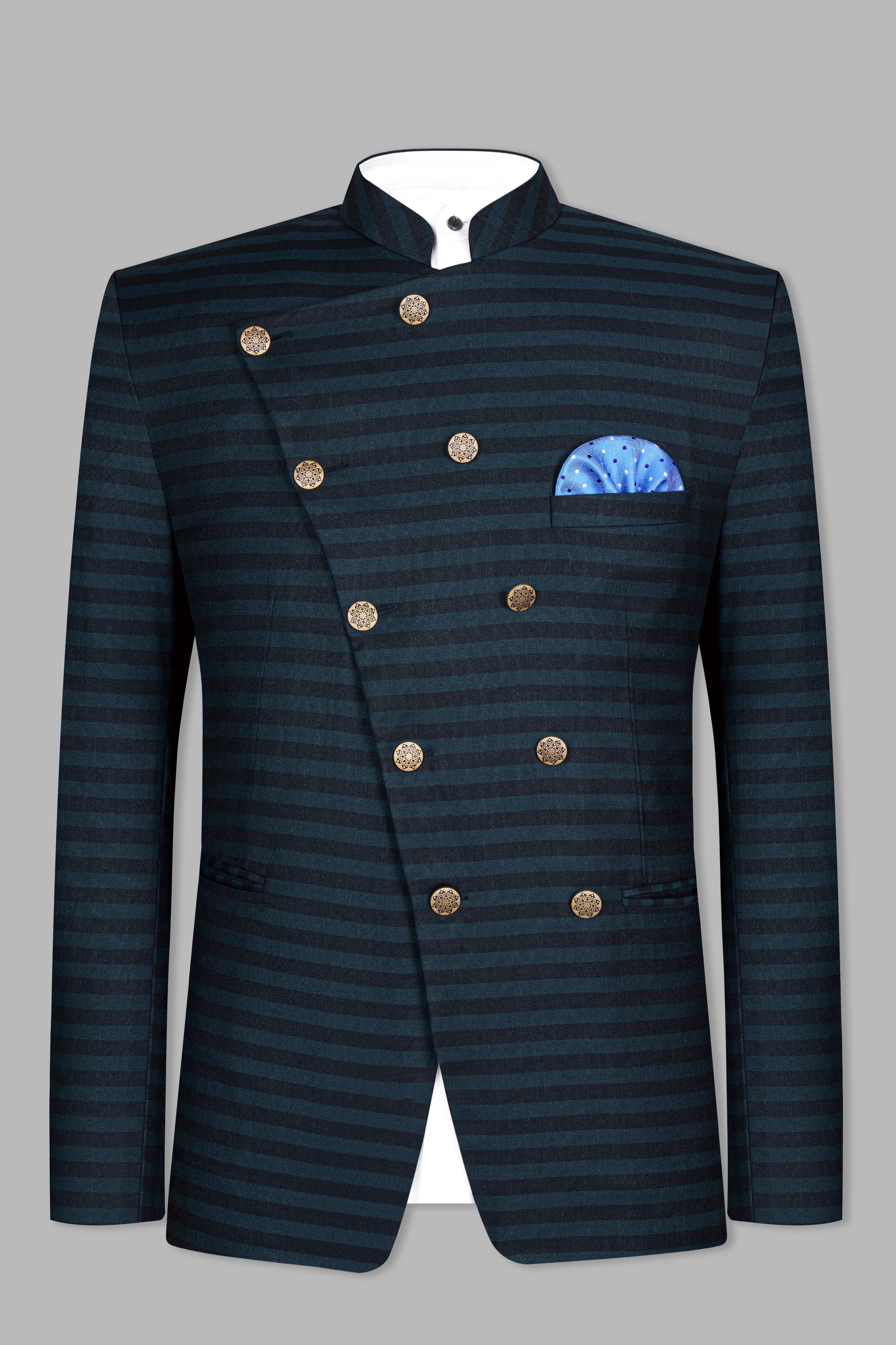 Bluish Blue And Jade Black Striped Cross Placket Bandhgala Blazer