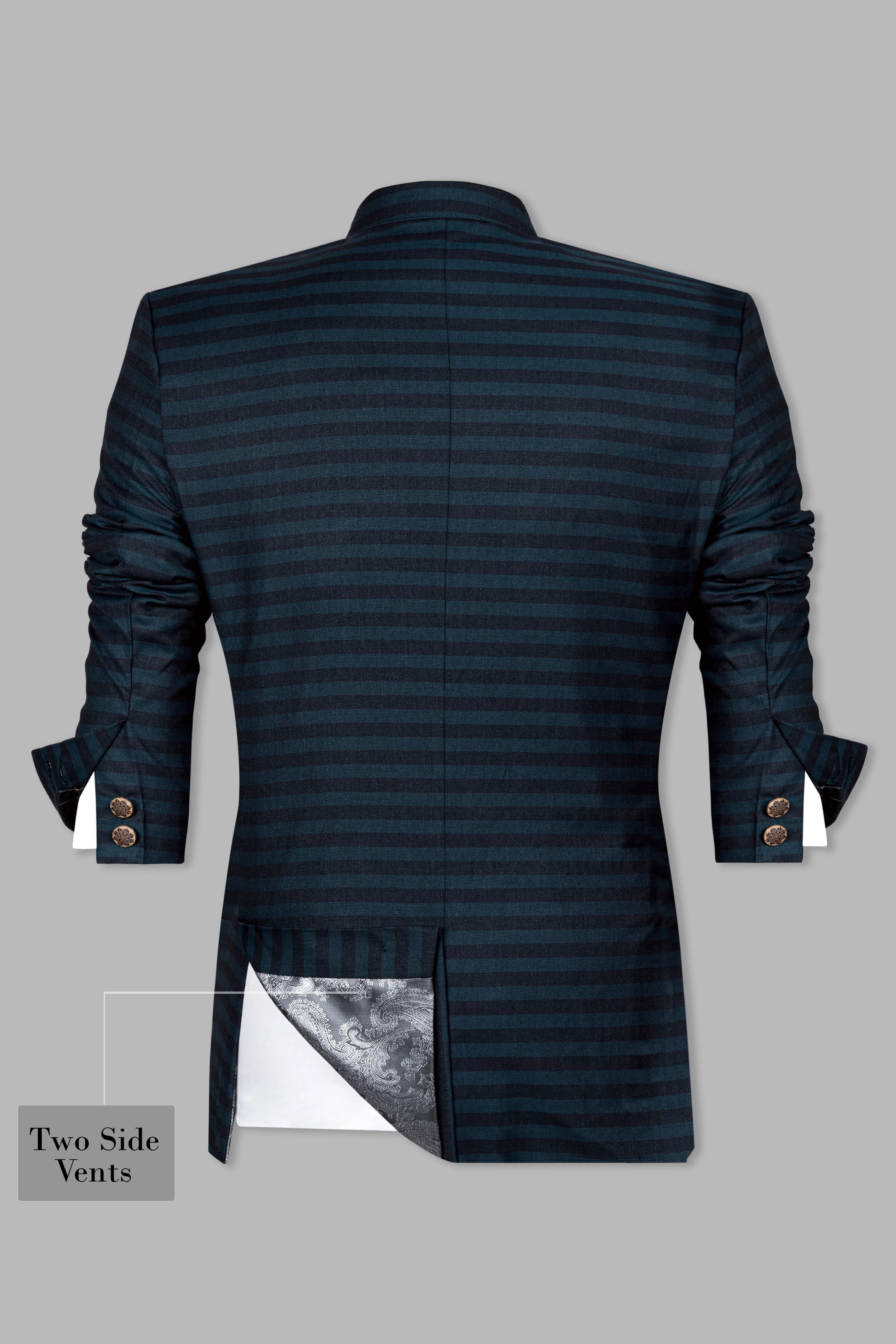 Bluish Blue And Jade Black Striped Cross Placket Bandhgala Blazer