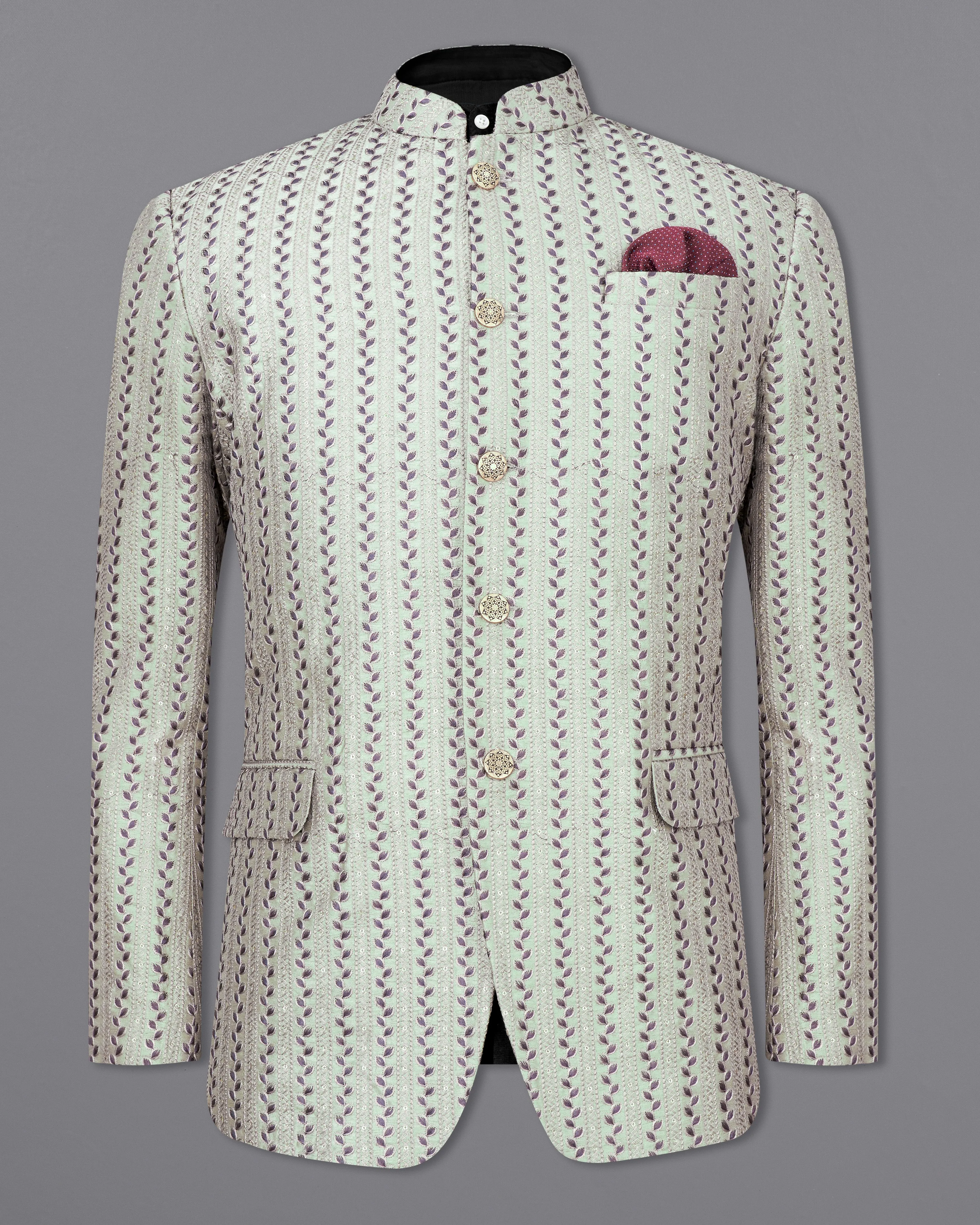 Bone Green with Bunting Maroon Cotton Thread Embroidered Bandhgala Blazer