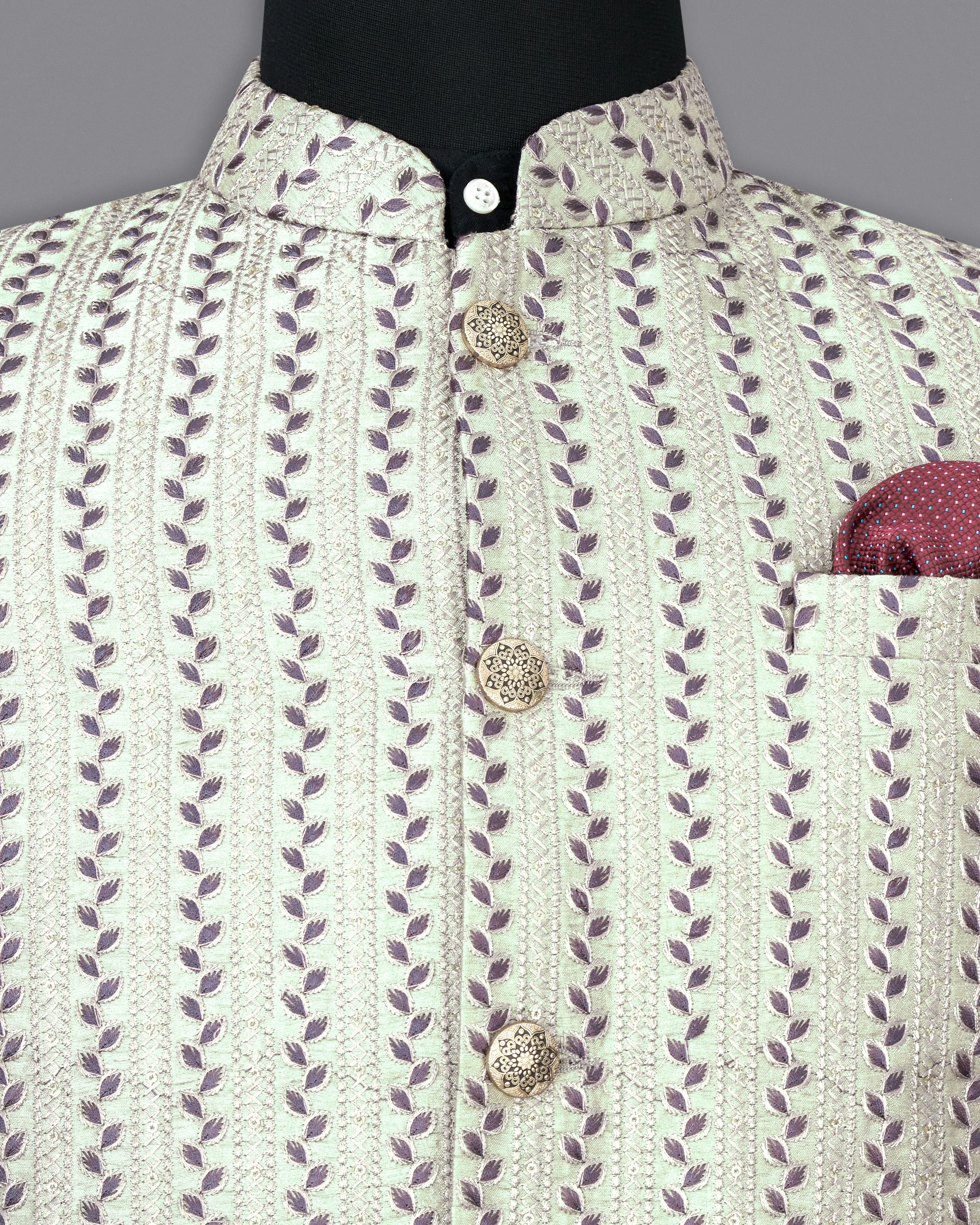 Bone Green with Bunting Maroon Cotton Thread Embroidered Bandhgala Blazer