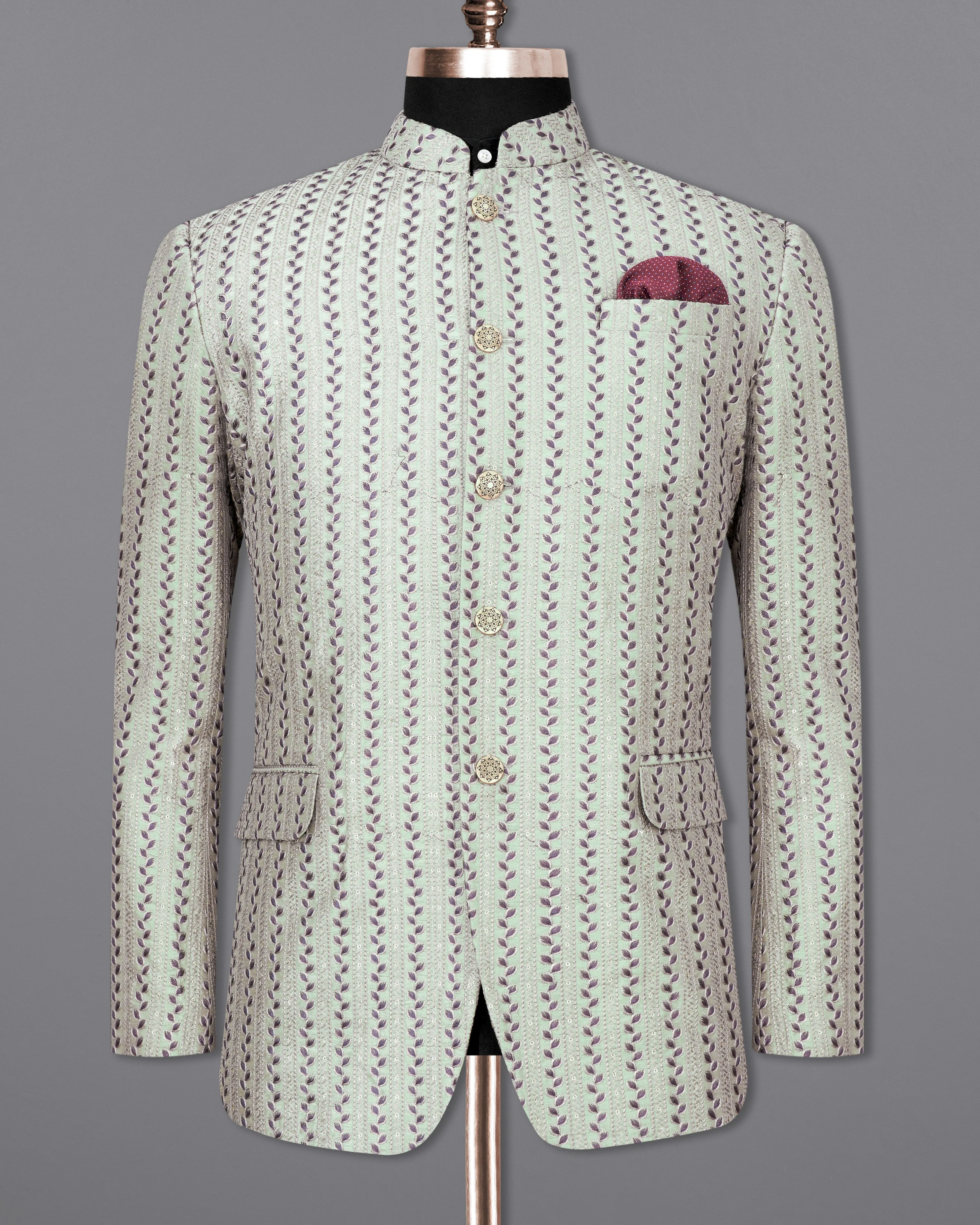 Bone Green with Bunting Maroon Cotton Thread Embroidered Bandhgala Blazer