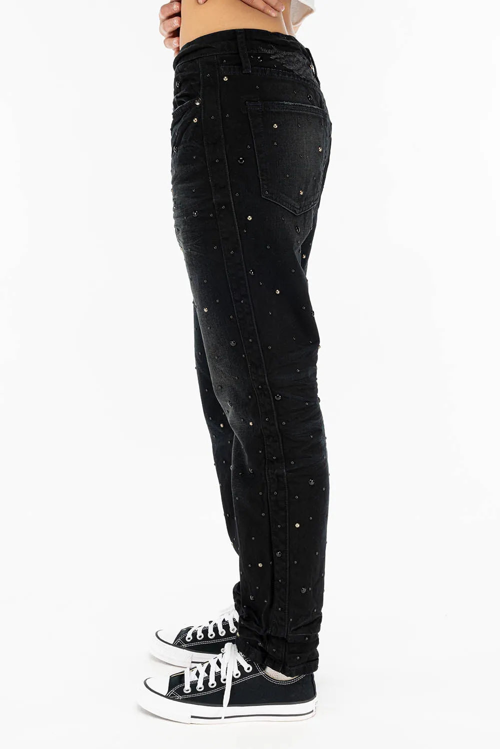 BOYFRIEND JEANS IN F_ED UP BLACK BROKEN WASH WITH BLACK AND SILVER STUDS