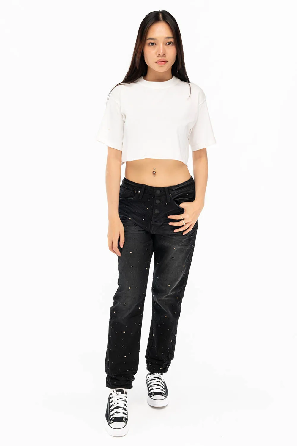 BOYFRIEND JEANS IN F_ED UP BLACK BROKEN WASH WITH BLACK AND SILVER STUDS