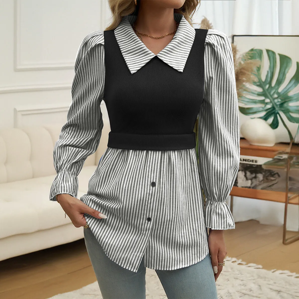 Bubble Sleeve Casual Colorblocking Striped Spliced Shirts Wholesale Womens Clothing N3824080700065