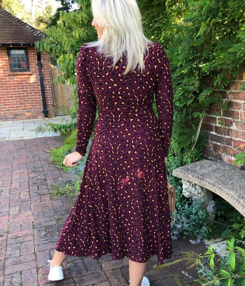 Burgundy Leopard Print Jersey Wrap Dress