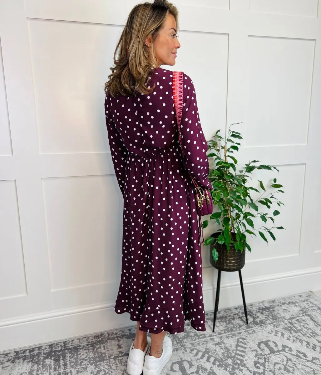 Burgundy Spotted Print Wrap Midi Dress