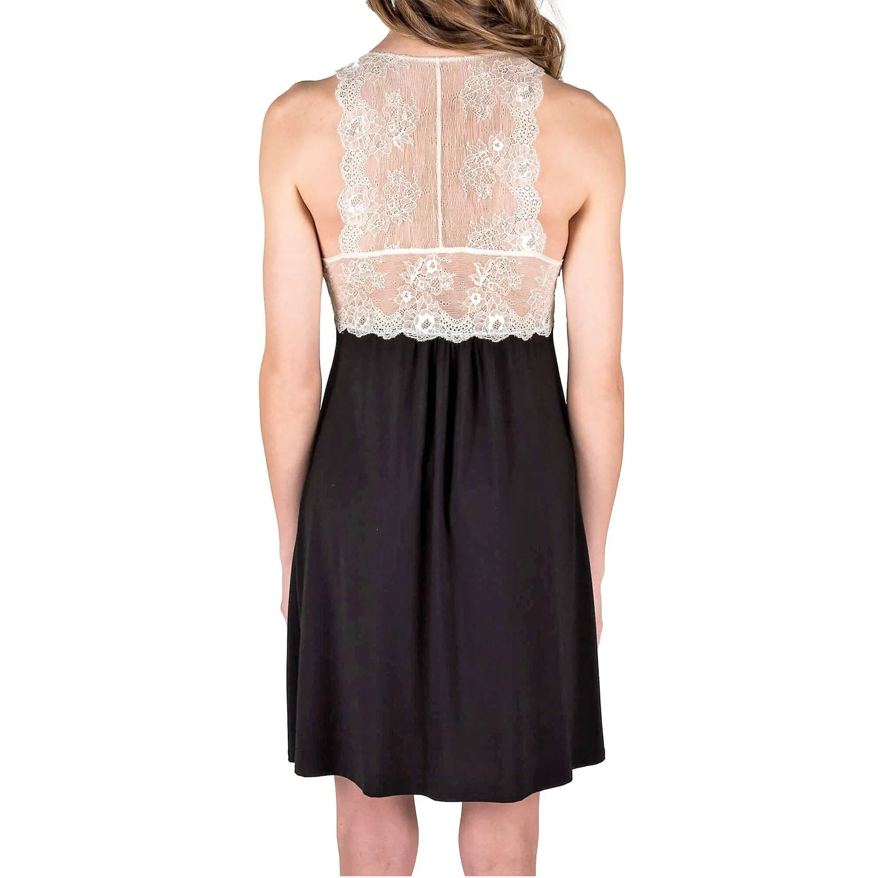 Catarina Knit Chemise Nightgown - Black with Ecru Lace