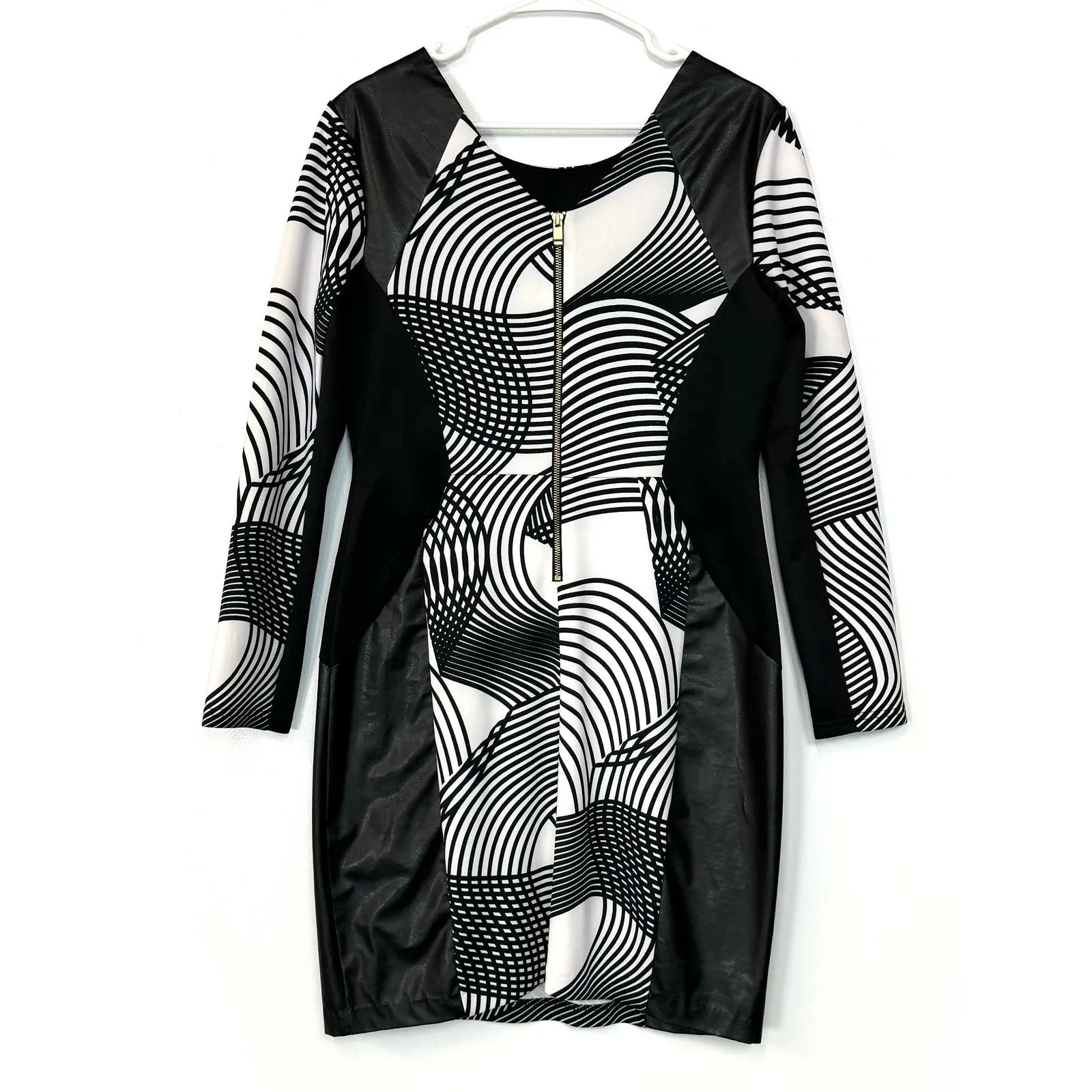 Cato | Womens L/s PU Leather Geometric Dress | Color: Black/White | Size: 12 | Pre-Owned